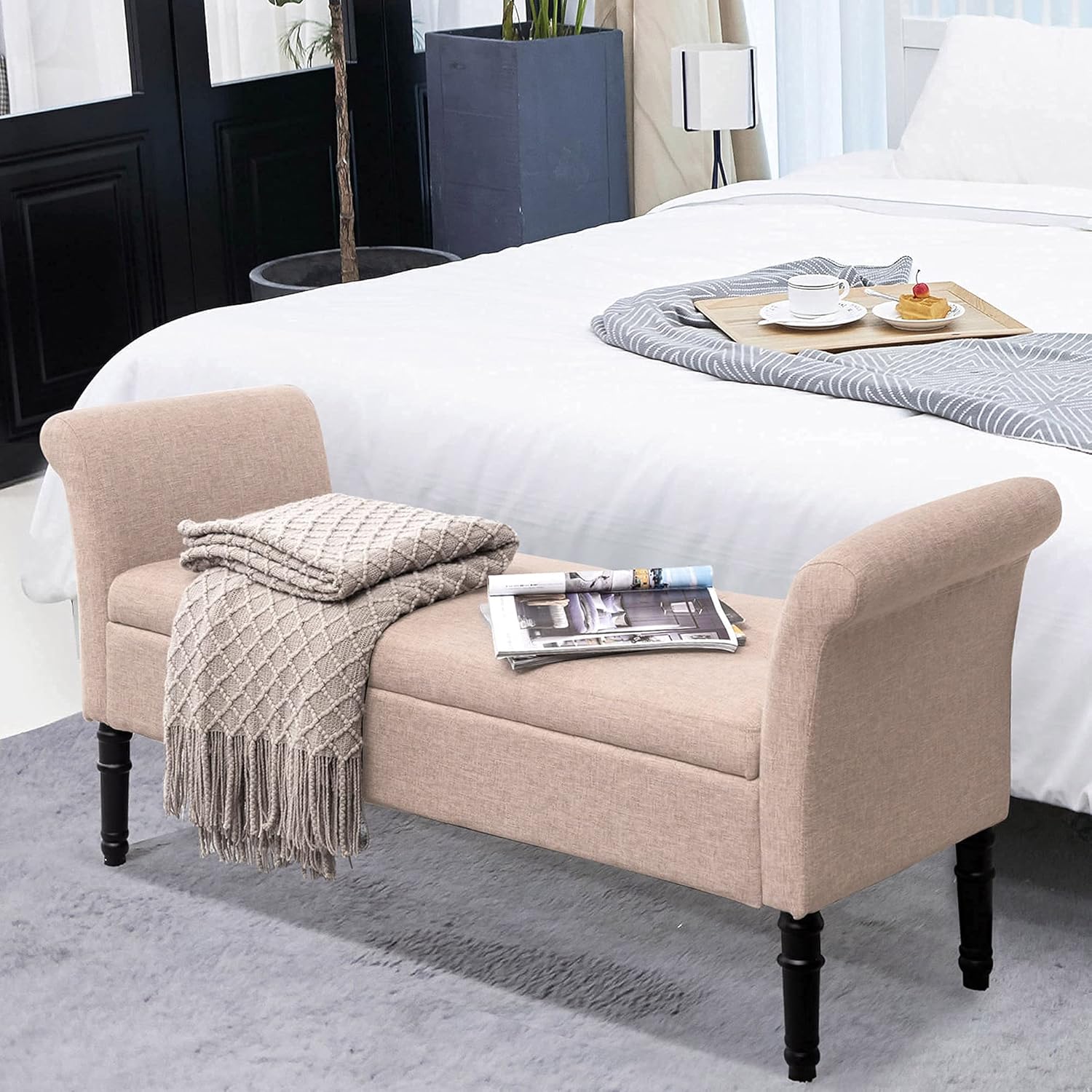 Modern PU Leather Storage Ottoman Bench Tufted Bed Bench for Living Room Bedroom (PU Black)