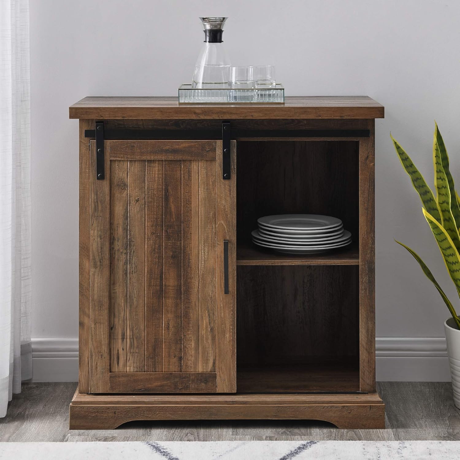 New 32 Inch Sliding Grooved Door Accent Console with Rustic Oak Finish