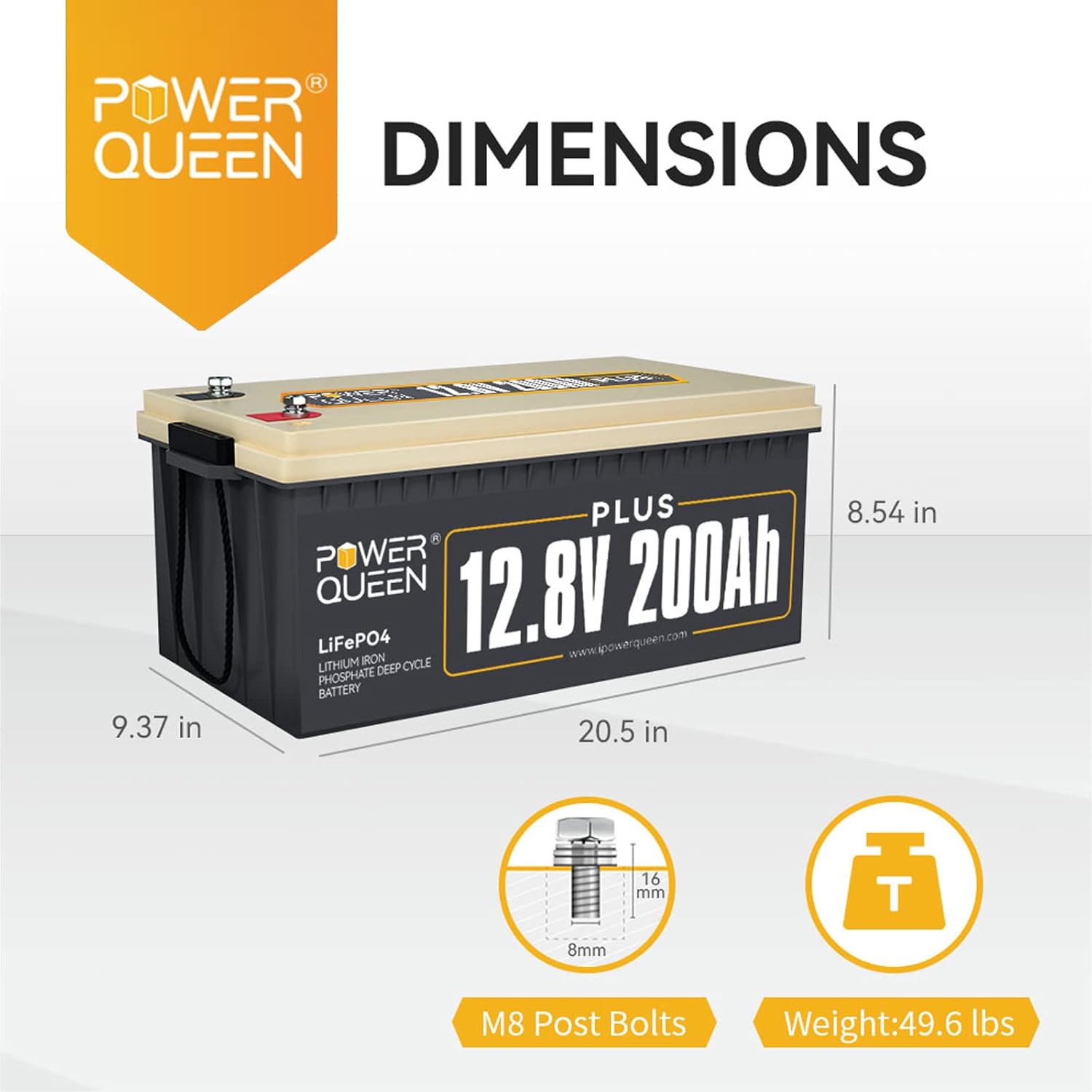 Power Queen 12V 200Ah Plus LiFePO4 Deep Cycle Lithium Battery, over 4000 Cycles, Built-in 200A BMS, 2560W Load Power, Backup Battery in Case of Power Outage, Perfect for RV, Off-Grid System, Solar.