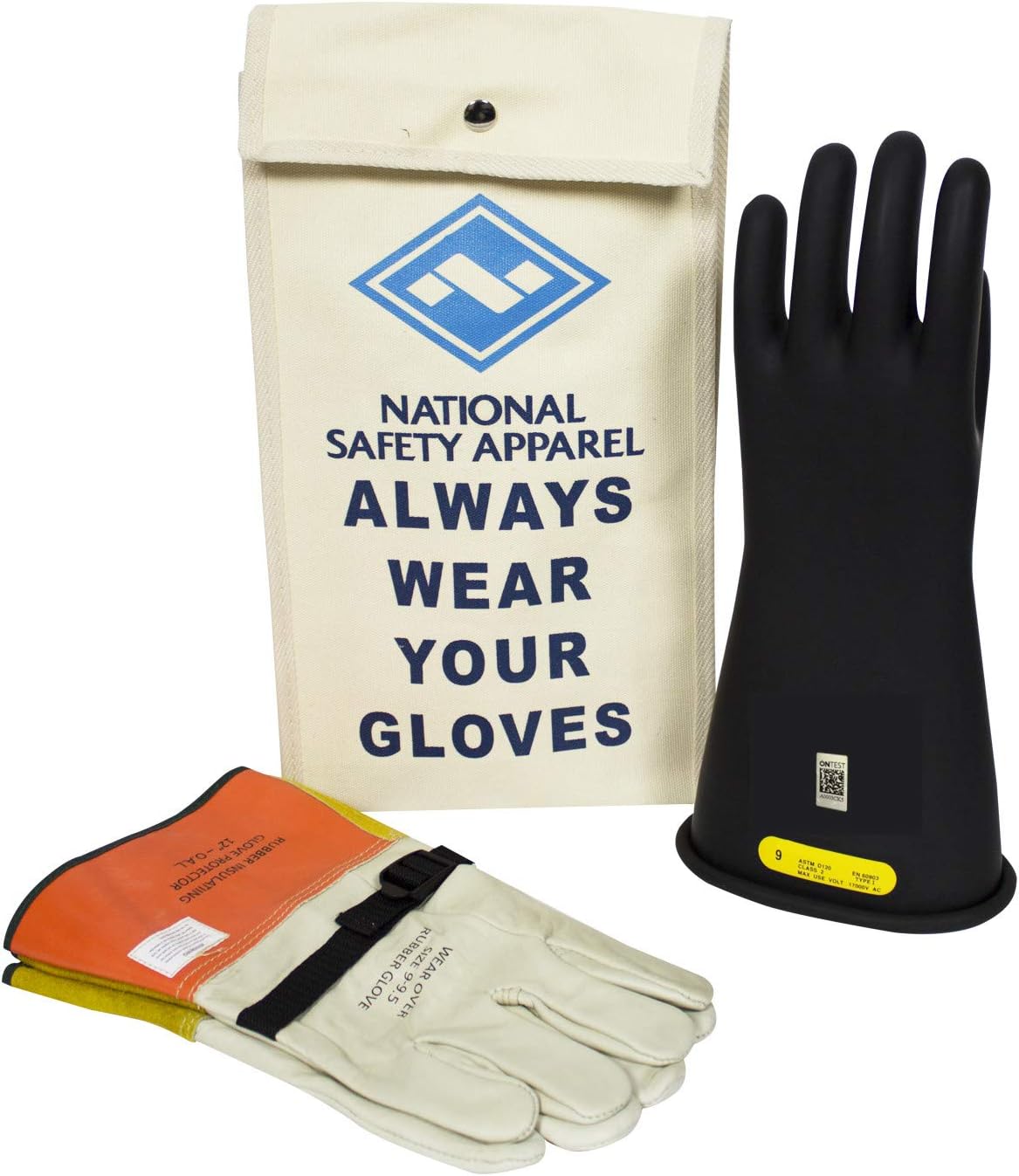 National Safety Apparel Class 2 Black Rubber Voltage Insulating Glove Kit with Leather Protectors, Max. Use Voltage 17,000V AC/ 25,500V DC (KITGC212)