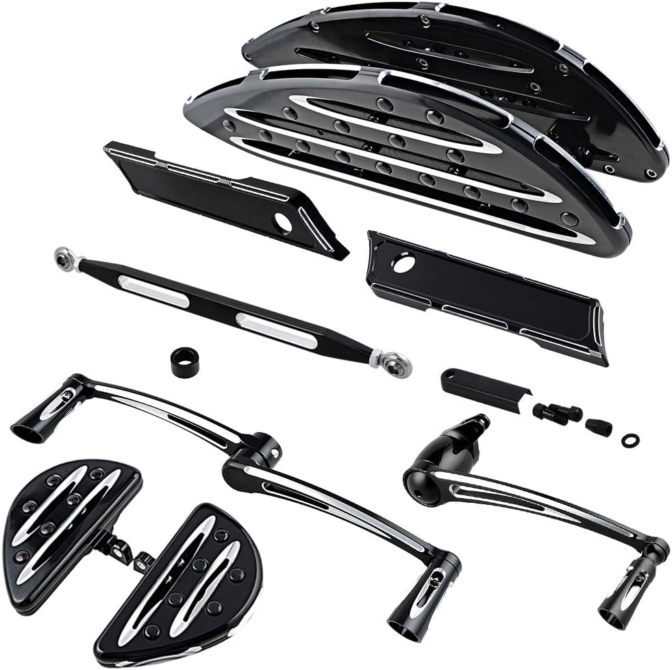 Black Driver Passenger Stretched Floorboards + Brake Arm Lever Peg Pedal + Heel Toe Shifter Pegs + Shift Linkage + Mounting Bracket Screws + Saddlebag Latch Cover Kit Compatible with Harley 2014-2016