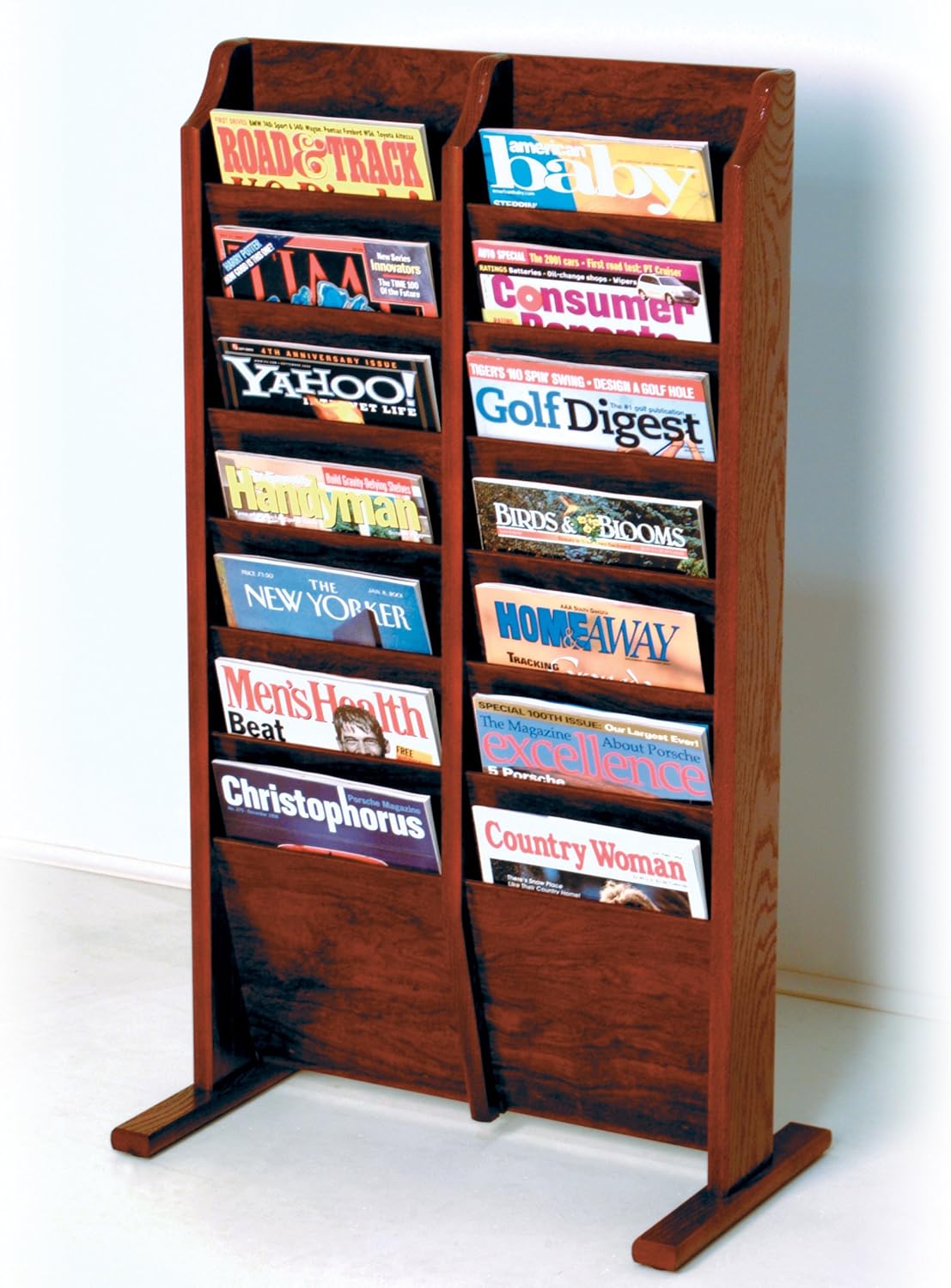 Wooden Mallet 14-Pocket Cascade Free-Standing Magazine Rack, Mahogany