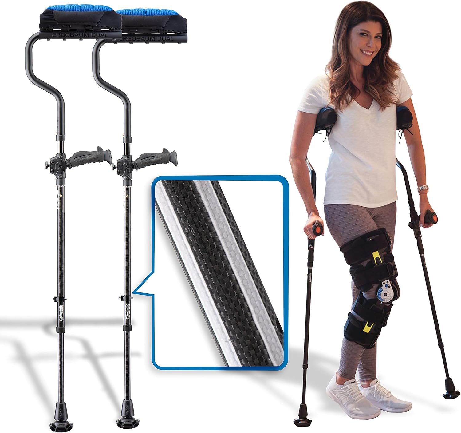 Ergobaum Dual Black Cobra(5' to 6'6'') Ergonomic Underarm Crutches (1 Pair) of Double-Function Shock Absorber Underarm Crutches with Arm Support (Real Carbon Fiber)