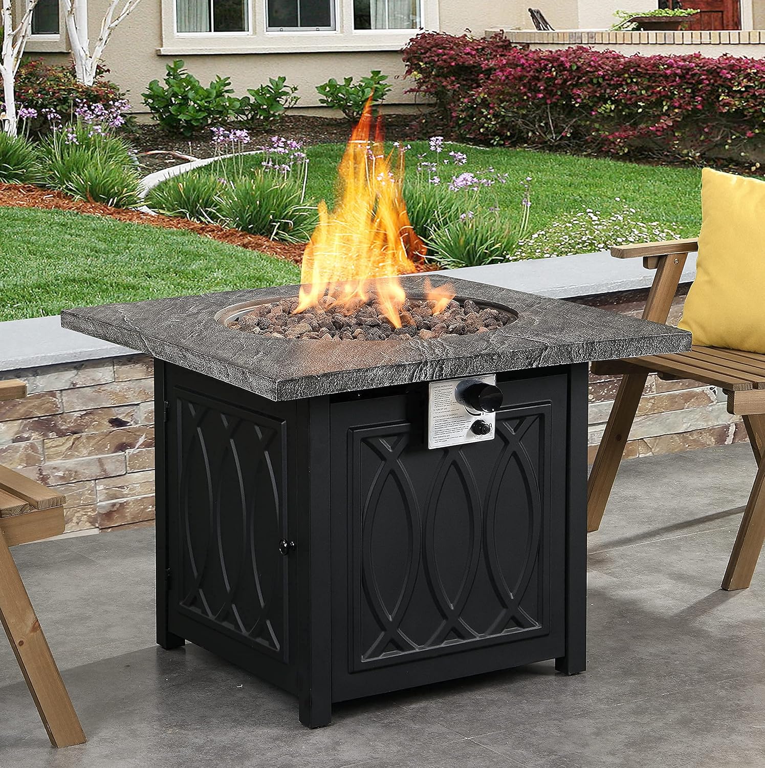 Ehomexpert 50,000 BTU Fire Pit Table,32-inch Outdoor Garden Square Auto-Ignition Propane Gas Fire Table with Waterproof Cover for Patio Courtyard Balcony,Black