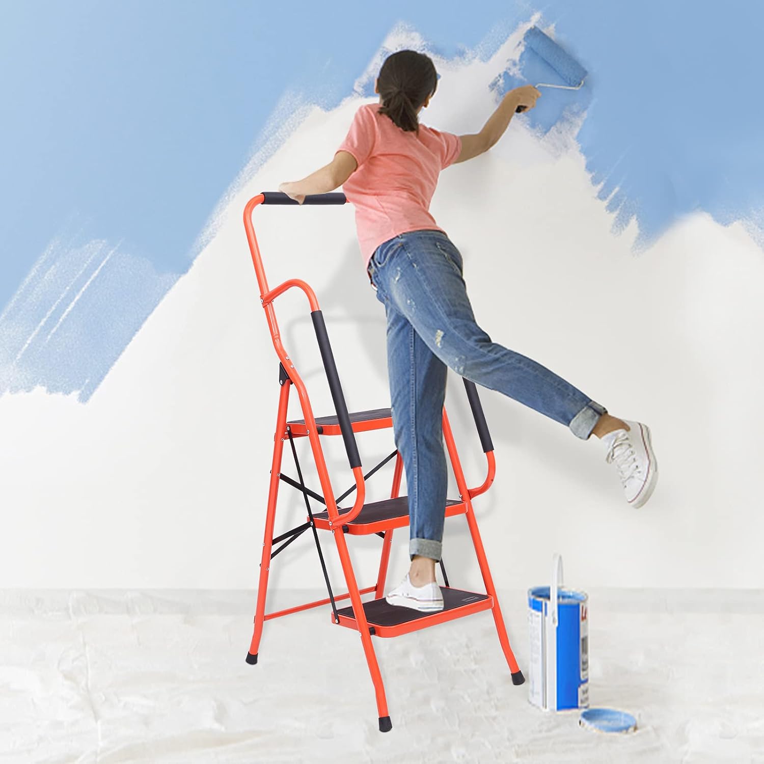 LUISLADDERS 3 Step Ladder Tool Ladder Folding Steel Frame Non-Slip Safety Padded Handrails Large Area Pedals (330lbs) Pack of 2