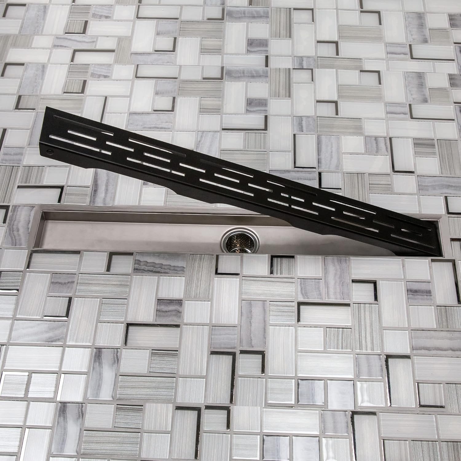 Linear Shower Drain 24 Inch - Stainless Steel with Rectangle Floor Drain Grate Cover, Comes with Hair Trap Strainer and Adjustable Levelling Feet, Black Satin