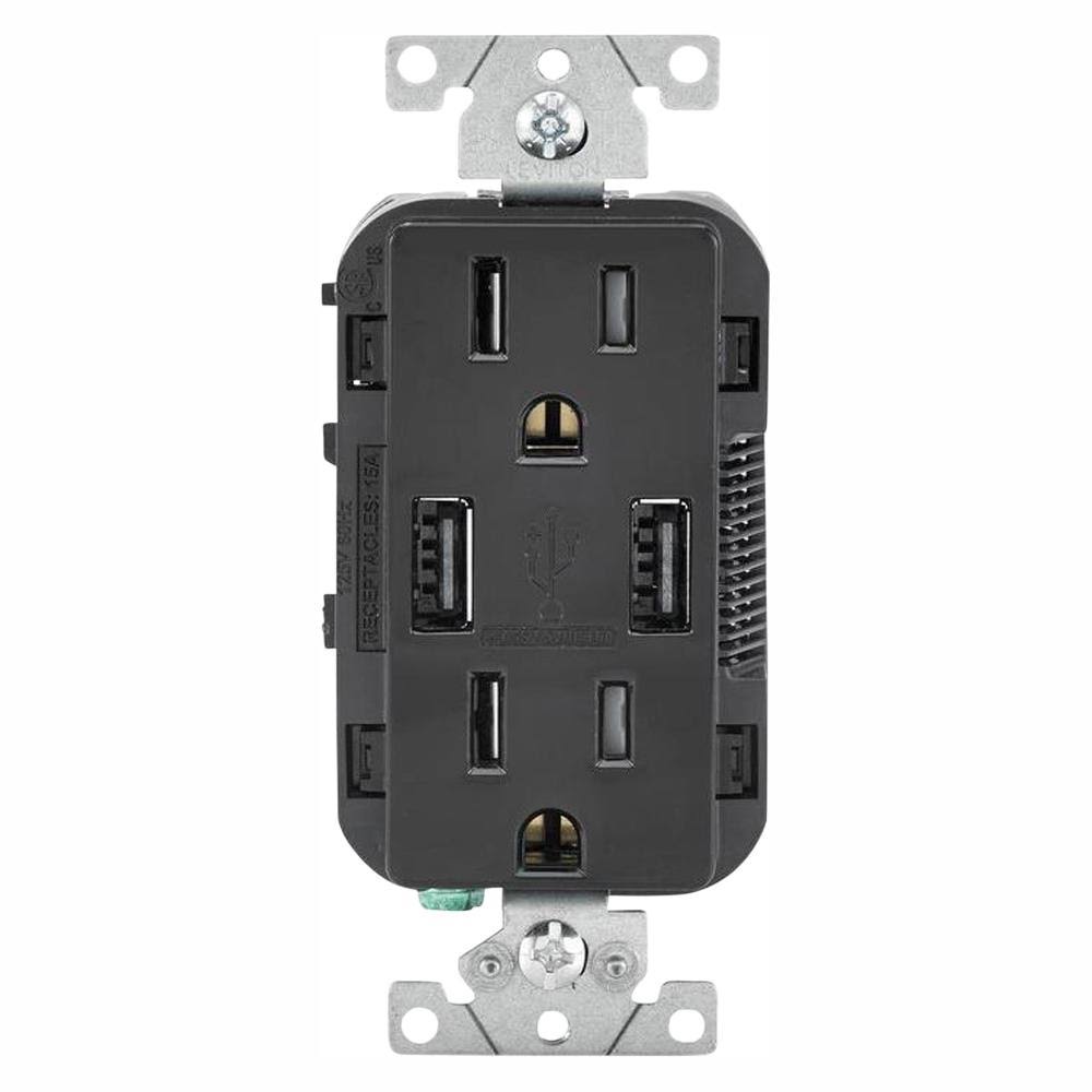 Leviton 15 Amp Decora Combination Tamper Resistant Duplex Outlet and USB Charger, Black (3-Pack)