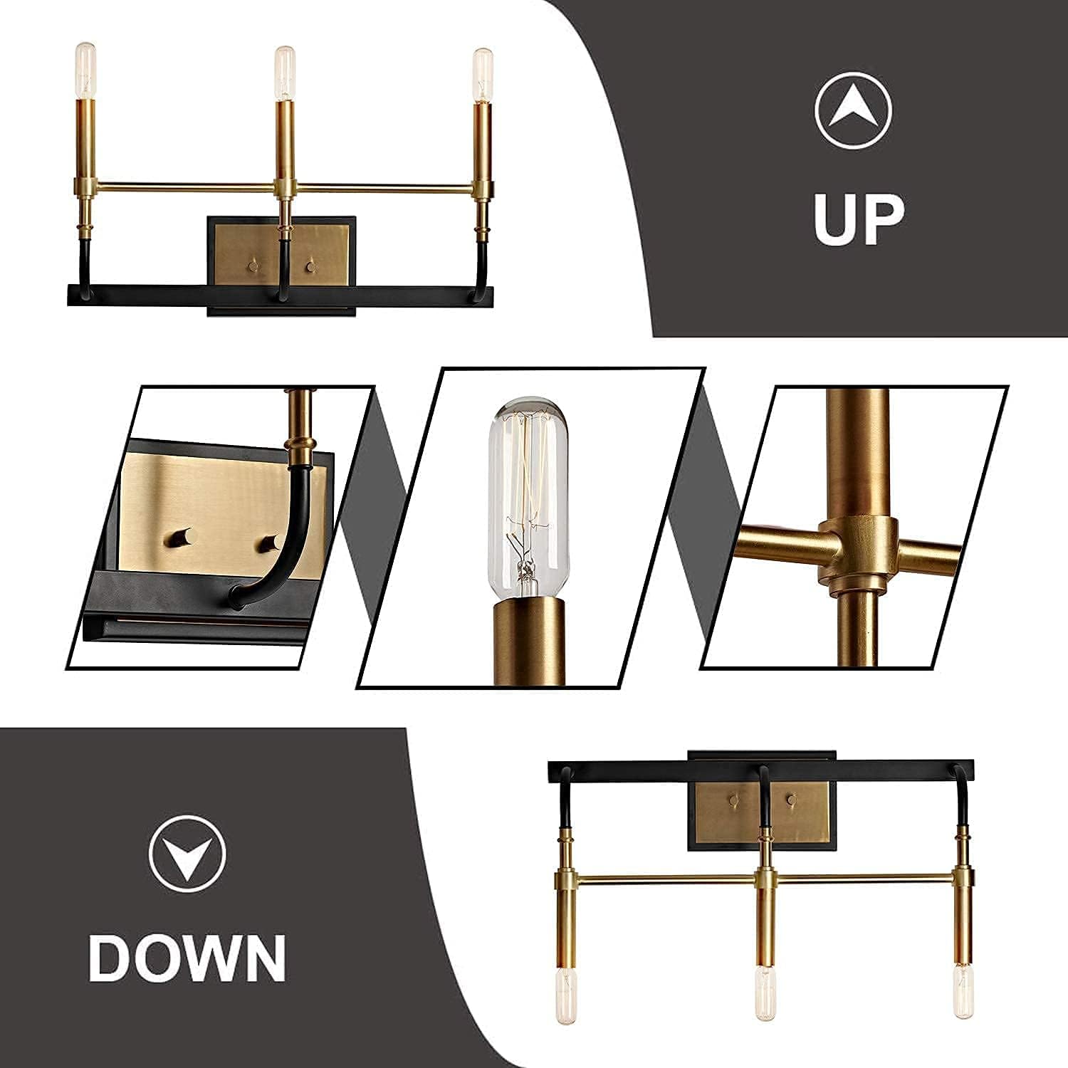 MOTINI 3-Lights Wall Sconce Lighting Fixture Black and Gold Brushed Brass Finish Modern Industrial Indoor Wall Lamp for Bathroom Vanity Living Room Bedroom Hallway