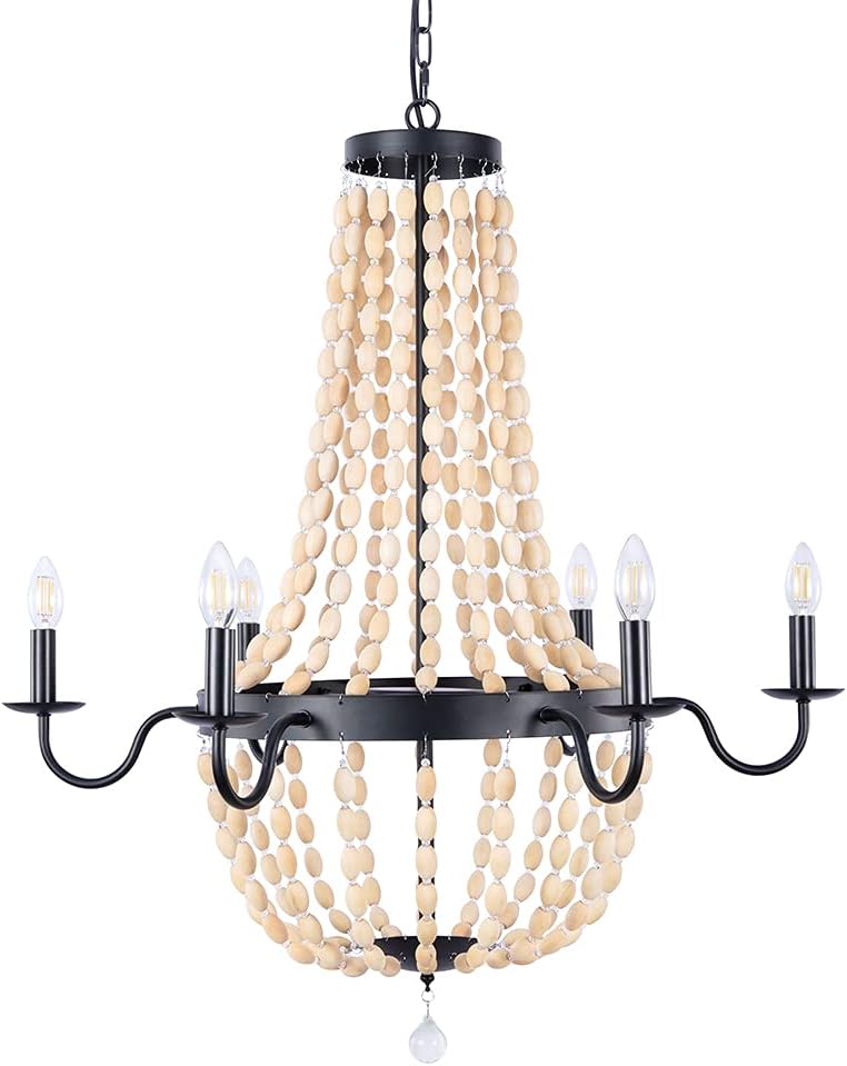 Wellmet 32 Inch Wood Beaded Chandelier, 6 Lights Farmhouse Chandelier Crystals, Boho Light Fixture Ceiling for Bedroom Foyer Dining Room, French Empire Pendant Lighting Black Finish and White Beads