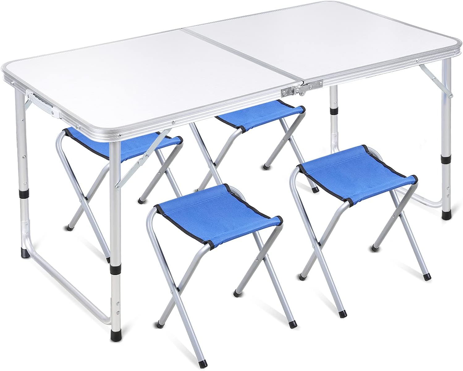 JooMoo Folding Camping Picnic Table - Portable Outdoor Aluminum Table + 4 Stools, 2 Adjustable Heights, Lightweight Dining Table for Grill BBQ Backyard and Beach