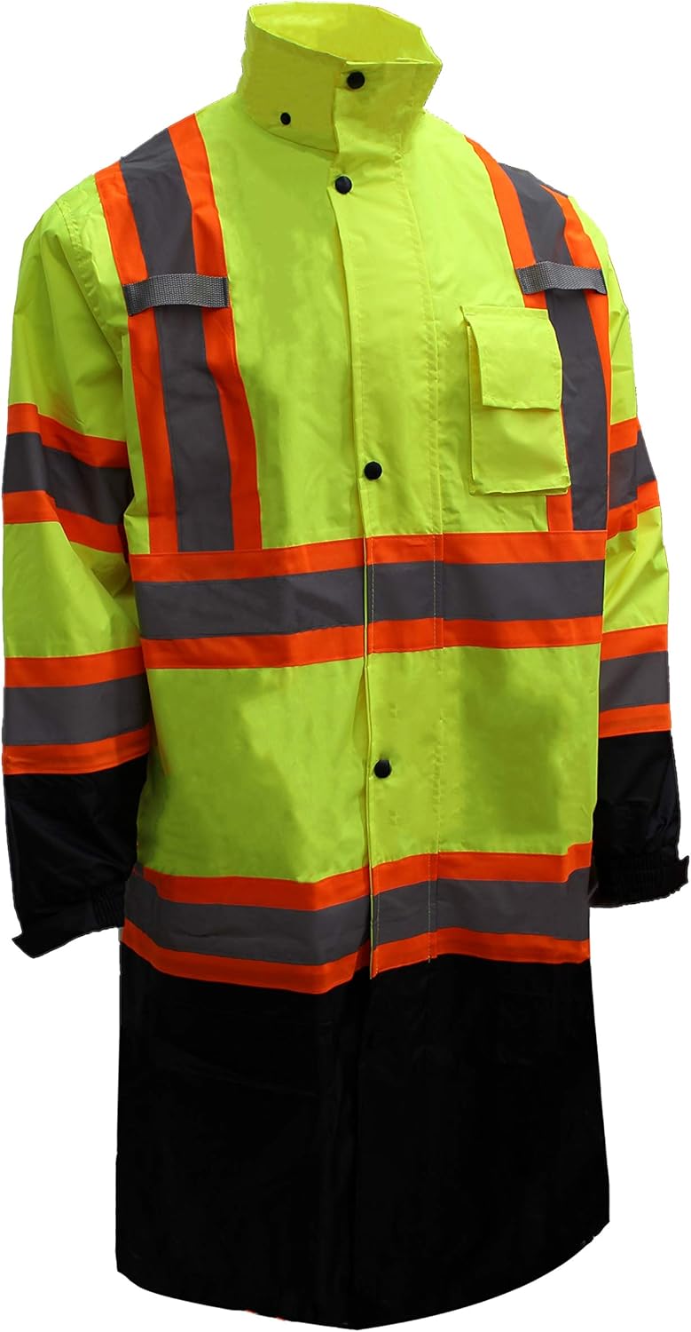 RK Safety RC-CLA3-TLM66 Class 3 Rainwear Reflective Hi-Viz Black Bottom Long Rain Coat with X pattern (Medium, Lime)