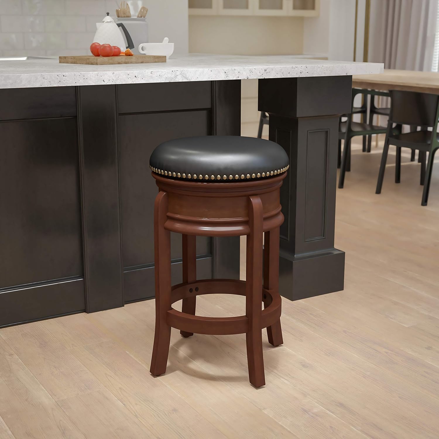 Flash Furniture 24'' High Backless Light Cherry Wood Counter Height Stool Carved Apron and Black LeatherSoft Swivel Seat