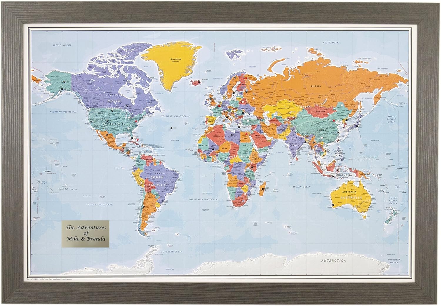 Personalized Push Pin World Travel Map with Black Frame and Pins - Blue Oceans - 27.5 inches x 39.5 inches