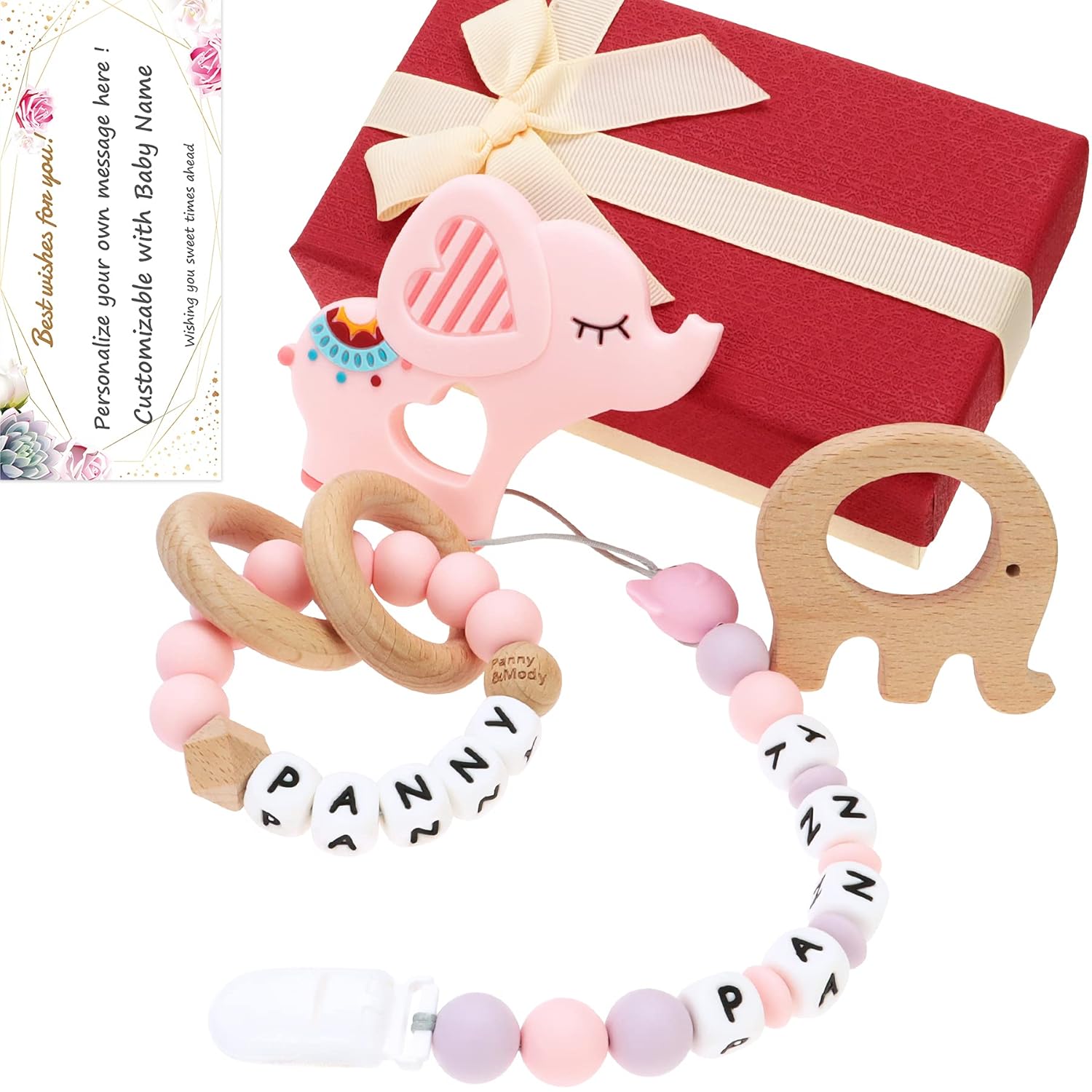 Personalized Baby Gift Set Teething Toys with Name, 4 in 1 Customizable Teethers, Customized Pacifier Clip, Custom Rattle, Elephant Teether for Baby Shower with Gift Packing Box & Gift Message(Pink)