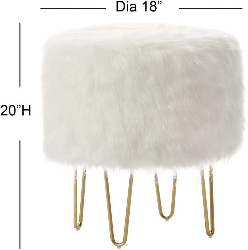 Modern Round Ottoman Foot Rest Stool - Luxurious Faux Fur Covered Seat w/ Sturdy Gold Hairpin Legs - Easy Assembly Accent Furniture Perfect for Use in Any Room - White Color