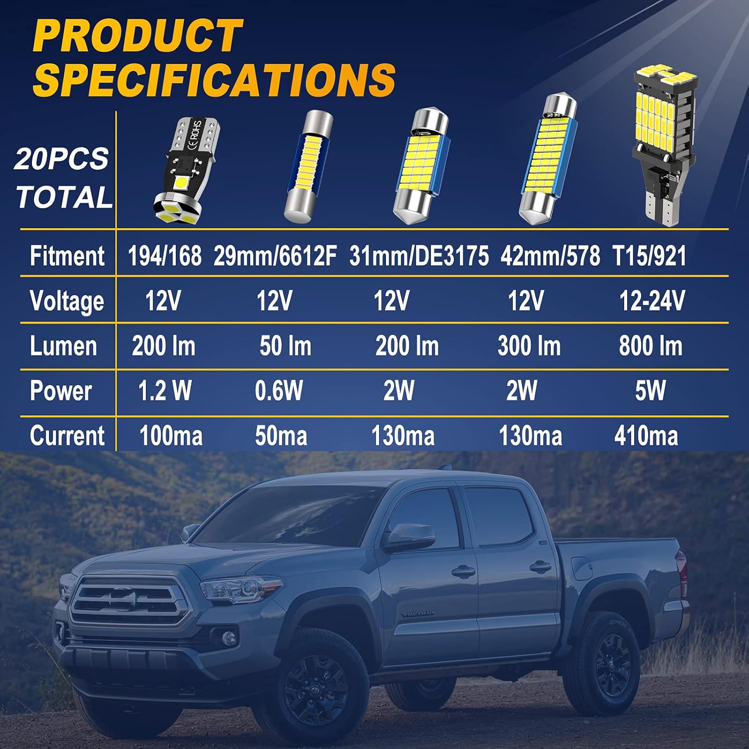 Serundo Auto 194 Led Bulbs 31mm DE3175 42mm 578 29mm 6614F Led Bulbs 921 T15 Led Bulbs Kits Fit For U.S.A and Japanese Map Dome Vanity Mirror License Plate backup Lights (20pcs LED bulbs total)