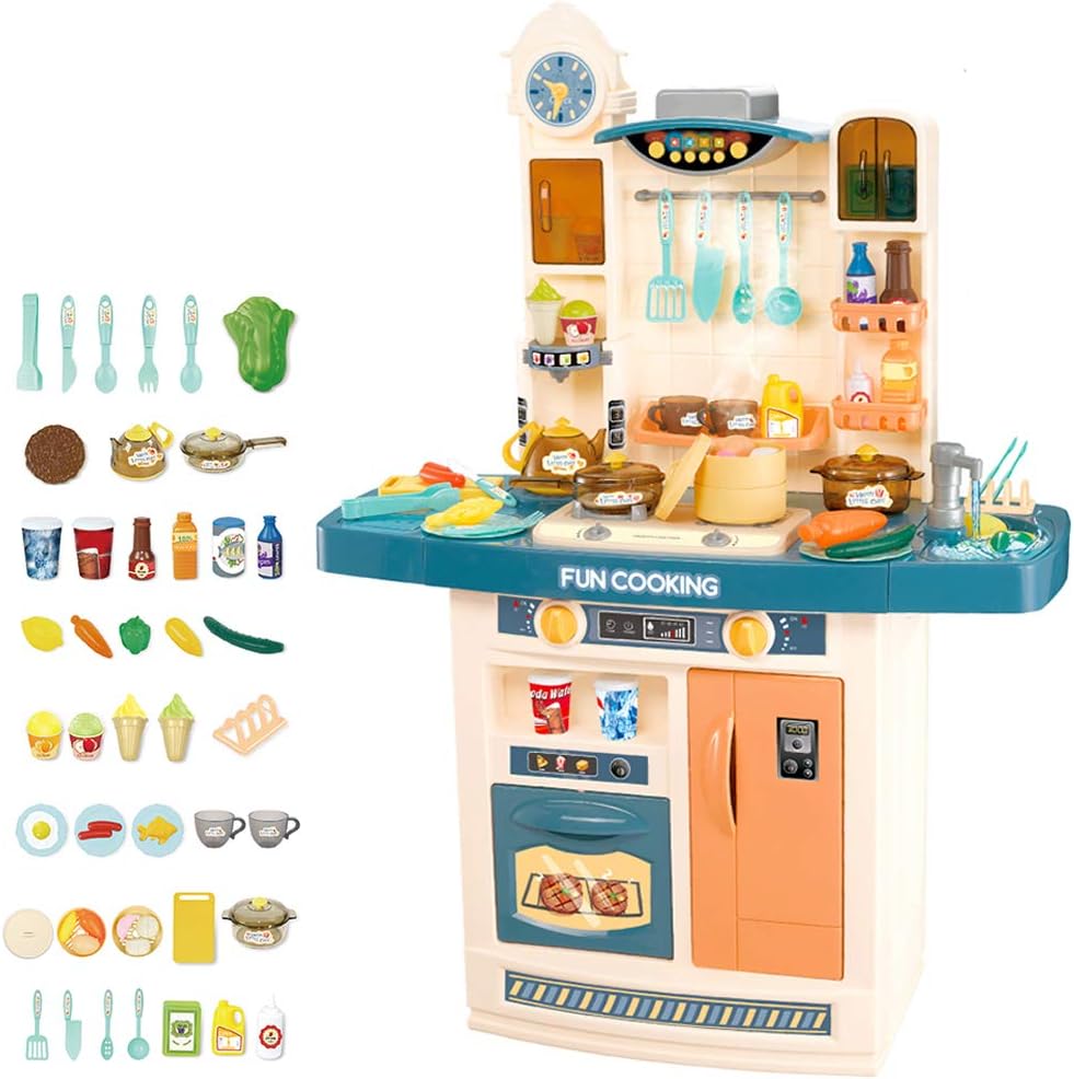 deAO My Happy Little Chef Kitchen Pretend Play Set with Multi-Functional Panel, Light, Sound, Real Water Functions and 50 Accessories Included(Blue)