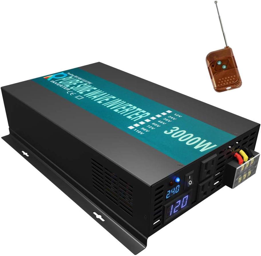 WZRELB 3000W Pure Sine Wave Solar Power Inverter 24VDC to 120VAC 60Hz Power Converter LED Display with 100ft Wireless Remote Control Switch Dual Outles and Hardwiring