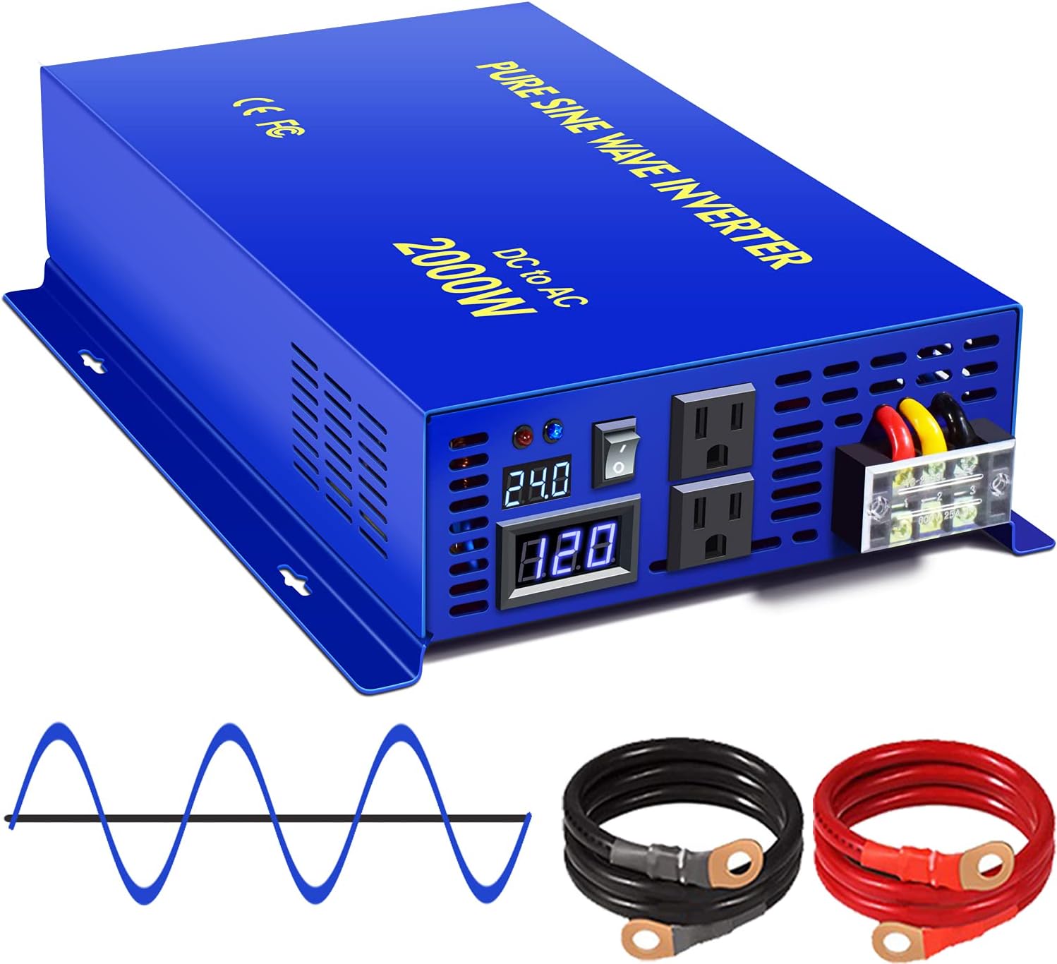 XYZ INVT 2000 Watt Pure Sine Wave Inverter 24V DC to AC 110v 120V, 2000W Power Invert Surge 2000W Power Converter for Car RV Solar System. (2000W 24V 120V)