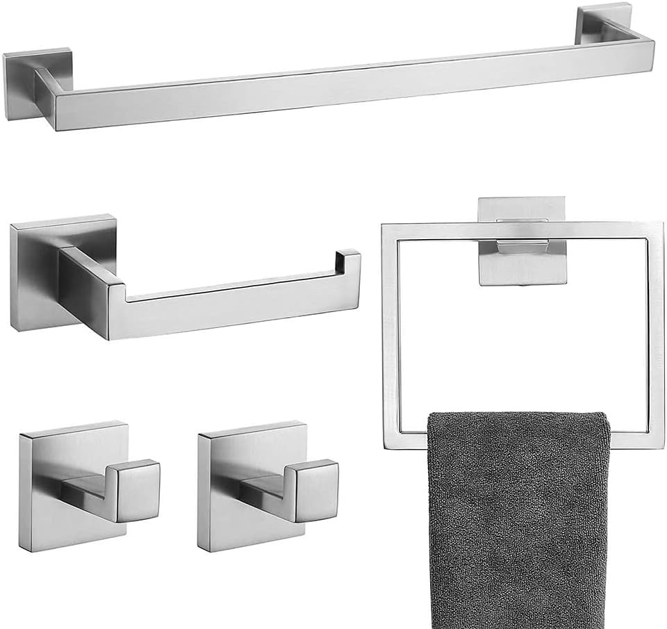 Bathroom Hardware Set 5 Pieces Brushed Nickel 21.6-Inch Single Towel Bar Set and 2 Robe Hooks Wall Mounted,SUS 304 Stainless Steel Bath Accessories Kit