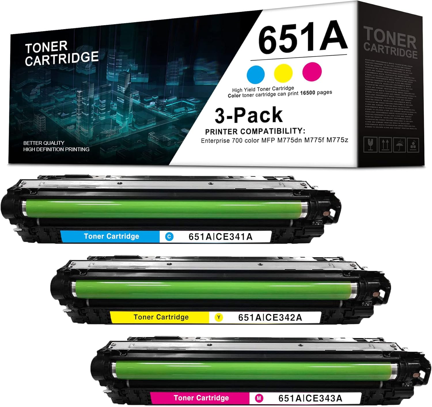 3 Pack (1C+1Y+1M) 651A | CE341A CE342A CE343A Remanufactured Toner Cartridge Replacement for HP Enterprise 700 Color MFP M775dn M775f M775z -by Leadyink
