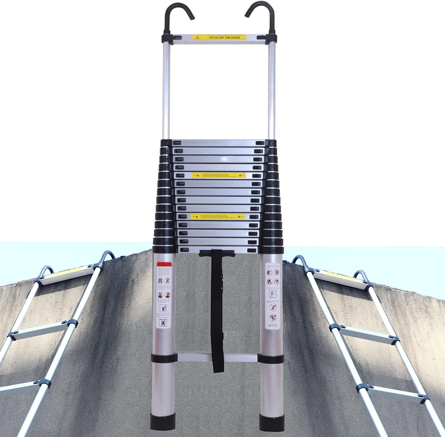 20FT Telescoping Ladder Aluminum Extension Ladder EN131 with 2 Detachable Hooks, 330lb Max Load Heavy Duty Portable Straight Ladder for Home DIY Loft Office, 3.58FT Folded Size Easy to Store