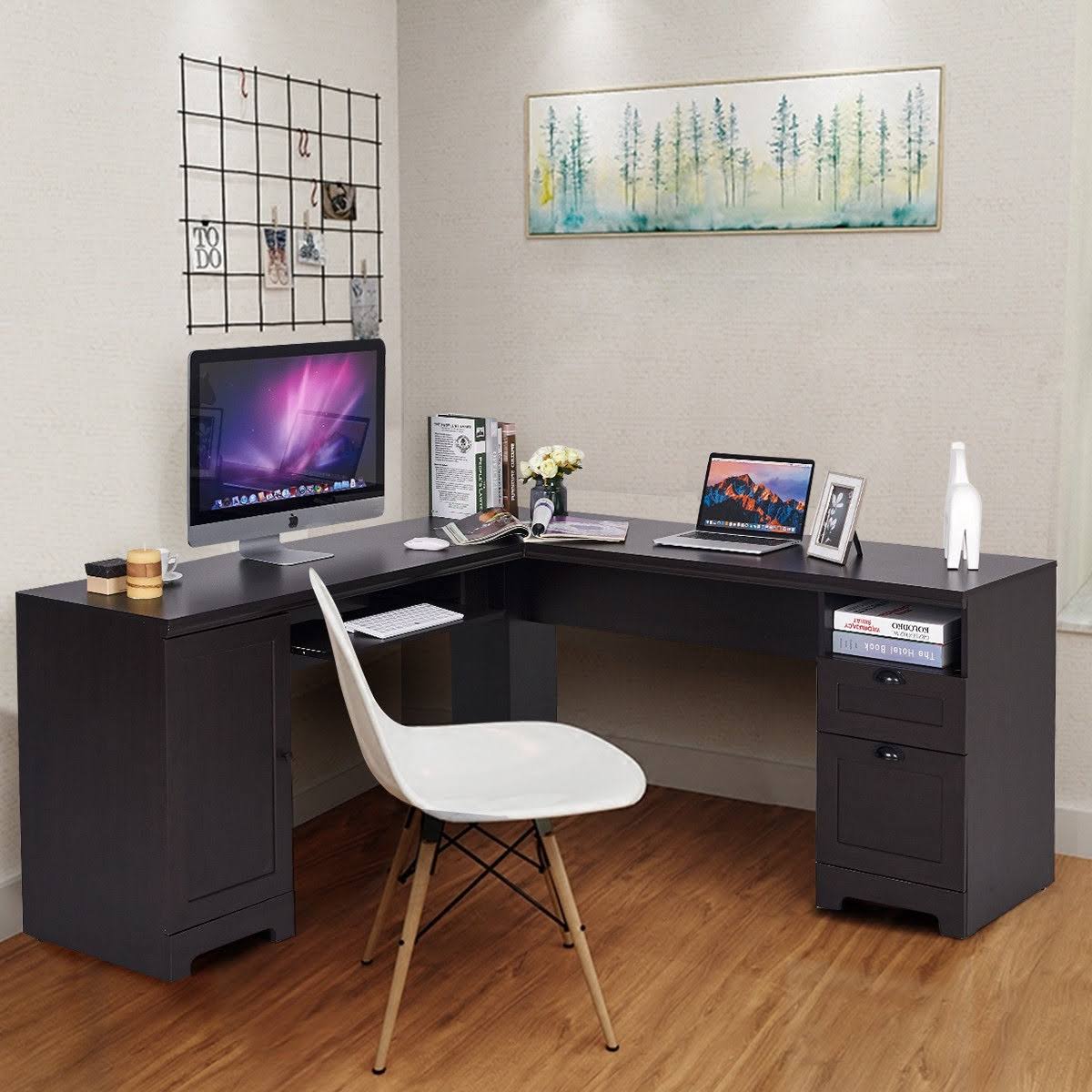 Costway L-Shaped Writing Study Workstation Computer Desk-Black
