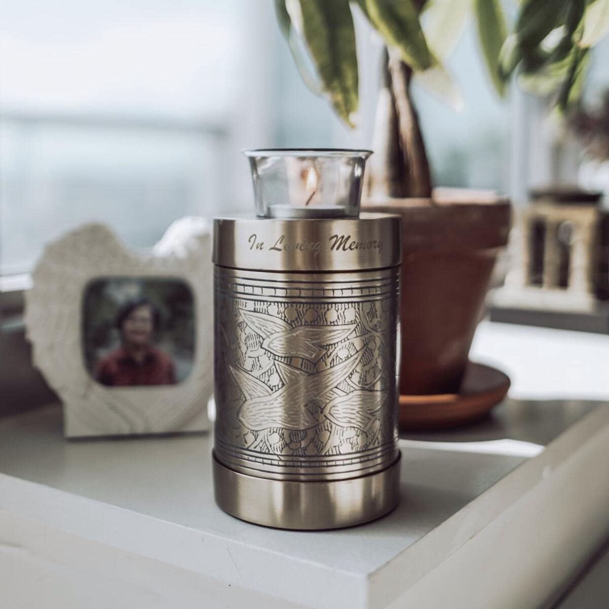 Decorative Keepsake Cremation Urn Medium Size Handmade Brass with Votive Tealight Candle Holder for Human Adult, Child or Pet Ashes 5 1/2