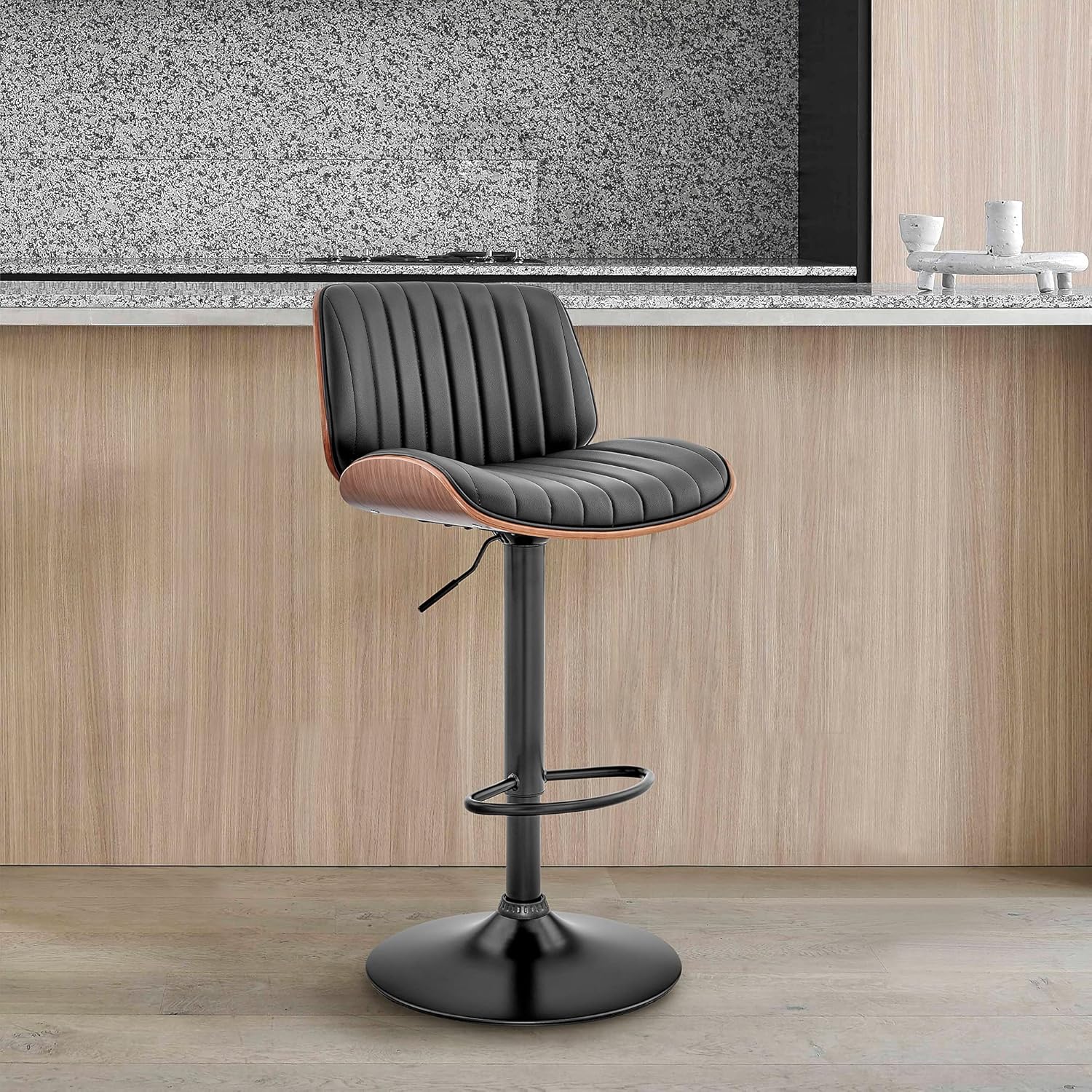 Brock Adjustable Grey Faux Leather and Walnut Wood with Black Finish Bar Stool