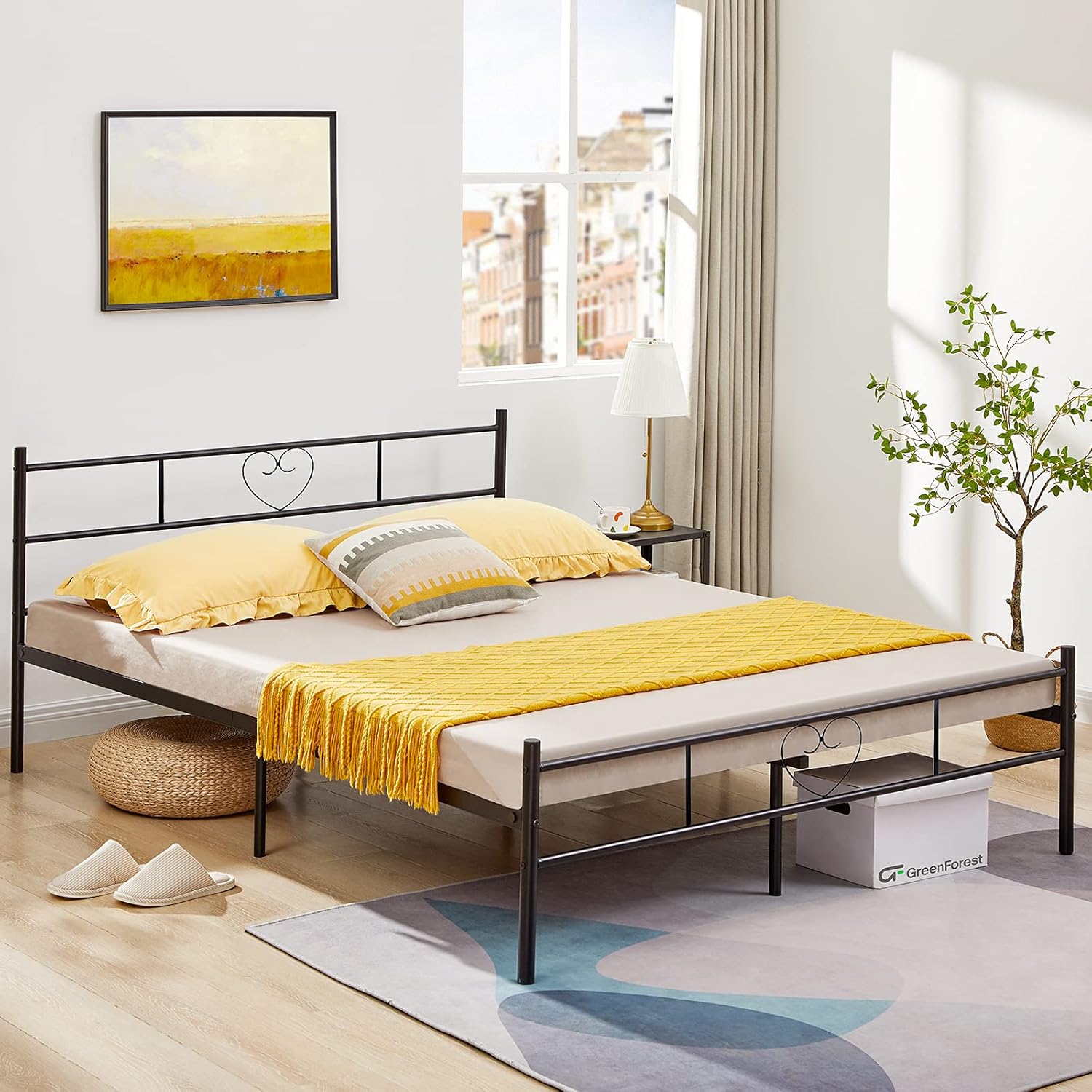 GreenForest Queen Bed Frame with Headboard, 12 Inch No Box Spring Needed Metal Bed with Storage Space, Heavy Duty Slats Mattress Foundation, Black