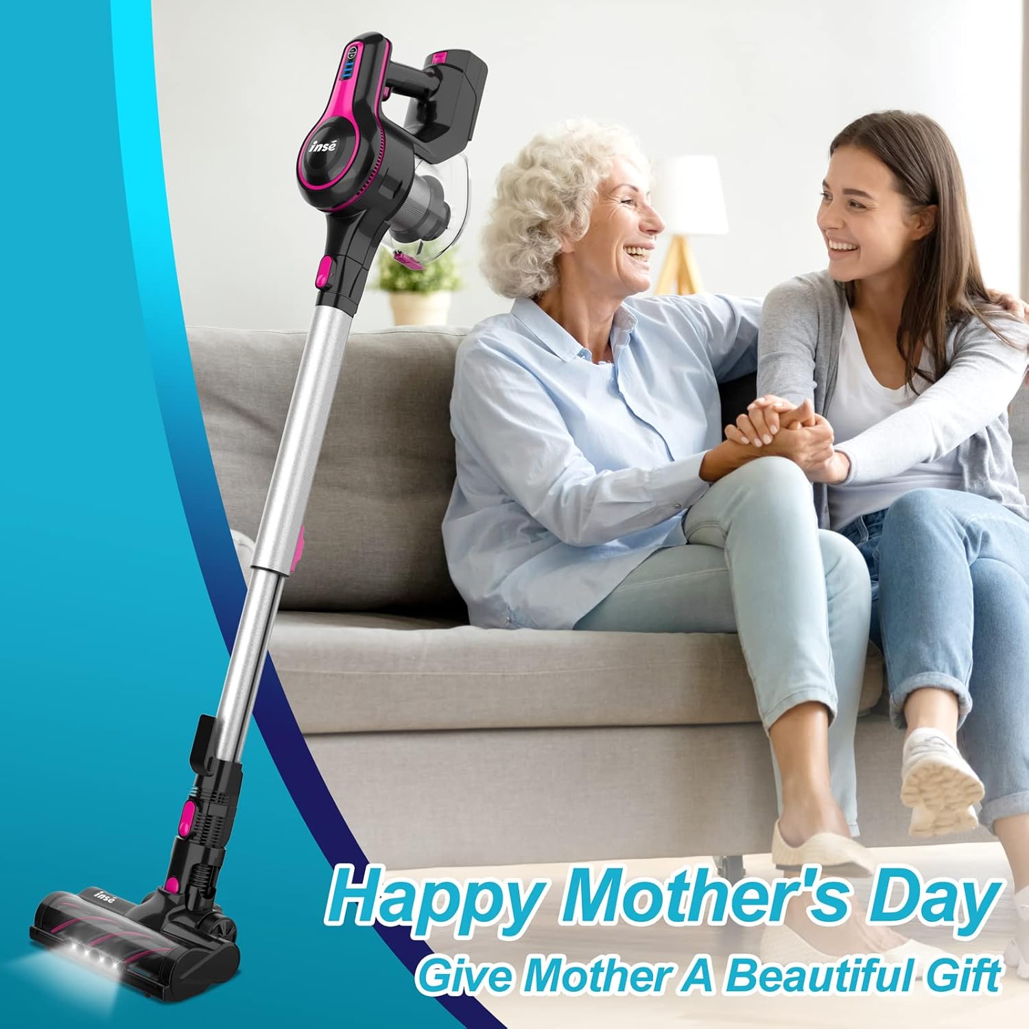 INSE Cordless Vacuum Cleaner, 6-in-1 Rechargeable Stick Vacuum with 2200 m-A-h Battery, Powerful Lightweight Quiet Vacuum Cleaner, Up to 45 Mins Runtime, for Home Hard Floor Carpet Pet Hair- N5S Rose