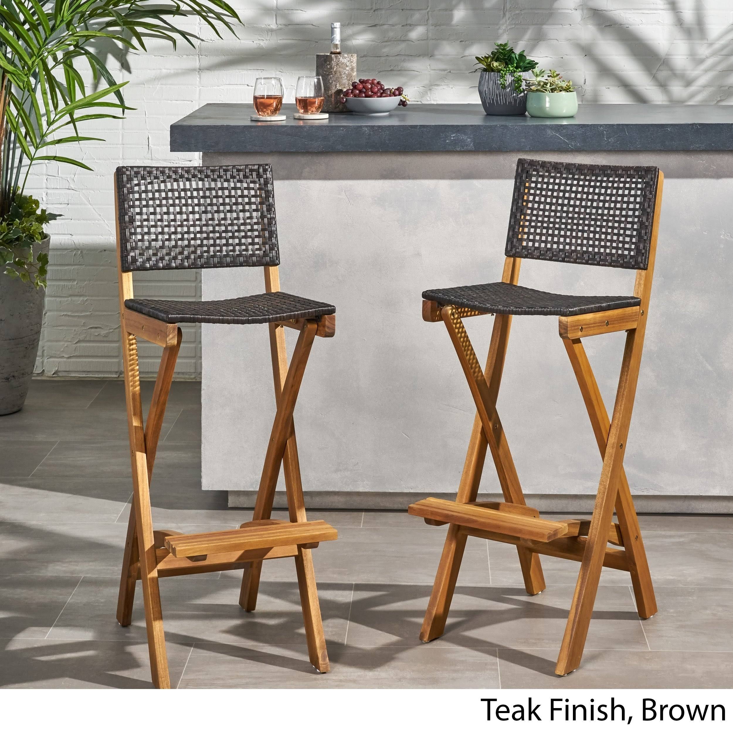 Polaris Outdoor Folding Acacia Wood Barstools (Set of 2) by Christopher Knight Home - Teak Finish + Brown