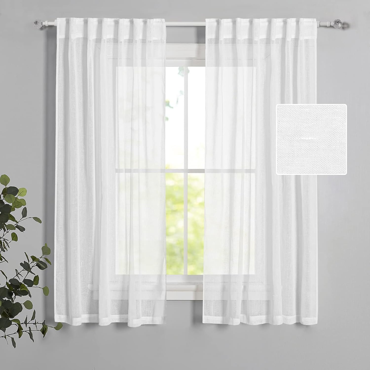 PONY DANCE Extra Long White Linen Curtains - Semi Sheers Window Curtains Elegant Rod Pocket & Back Tab 108 inches Long Natural Linen Sheer Curtains for Living Room, 52 Wide, Set of 2