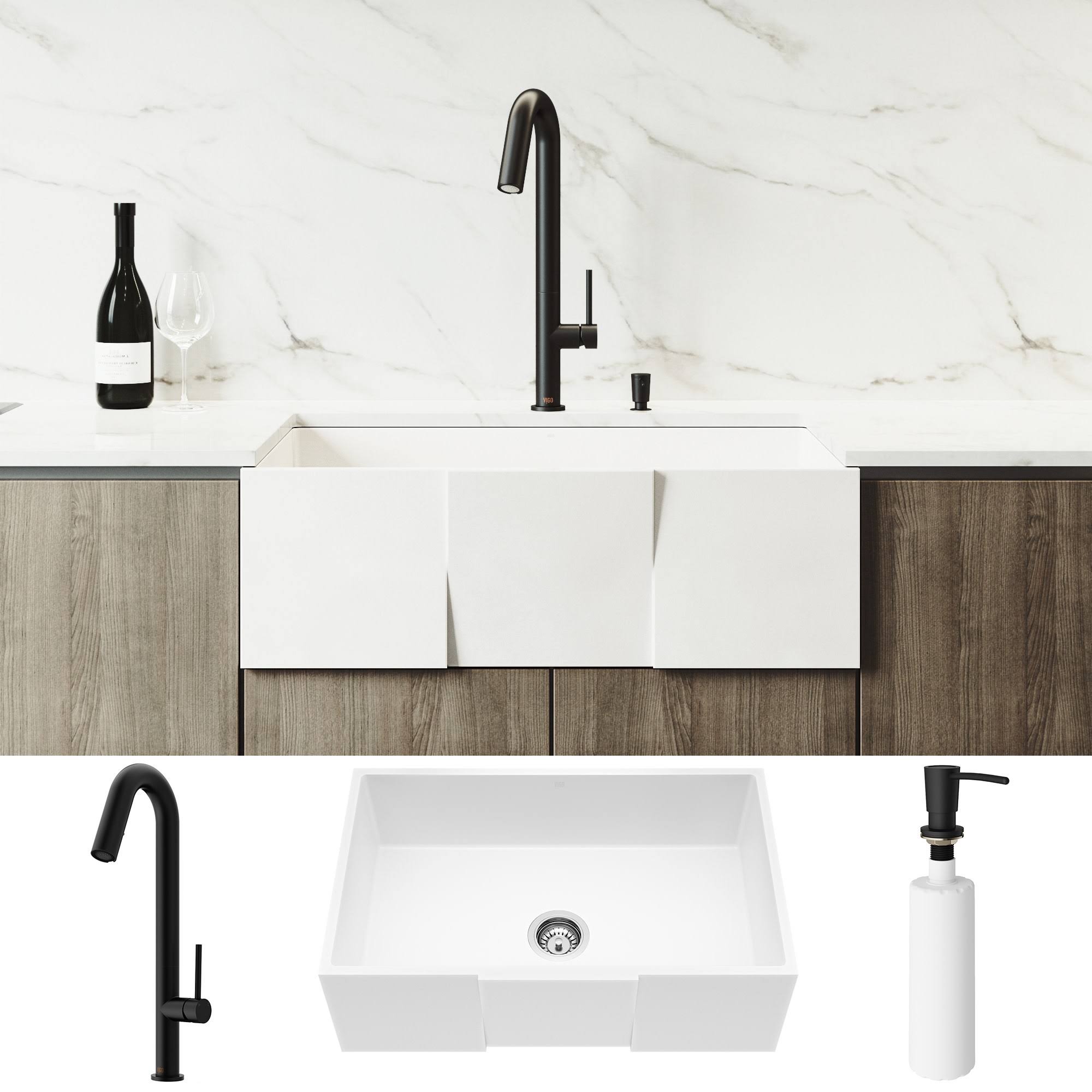 Vigo Matte Stone 30x22 Apron Front Kitchen Sink u0026 Oakhurst Faucet - Matte Black VG15832