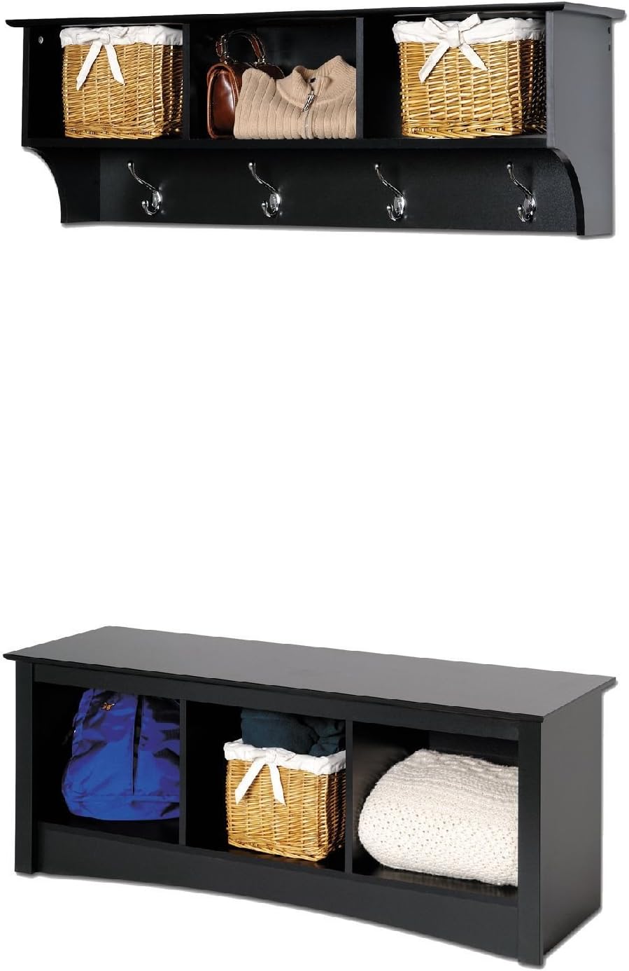 Prepac Sonoma Black Cubbie Bench and Wall Coat Rack Set