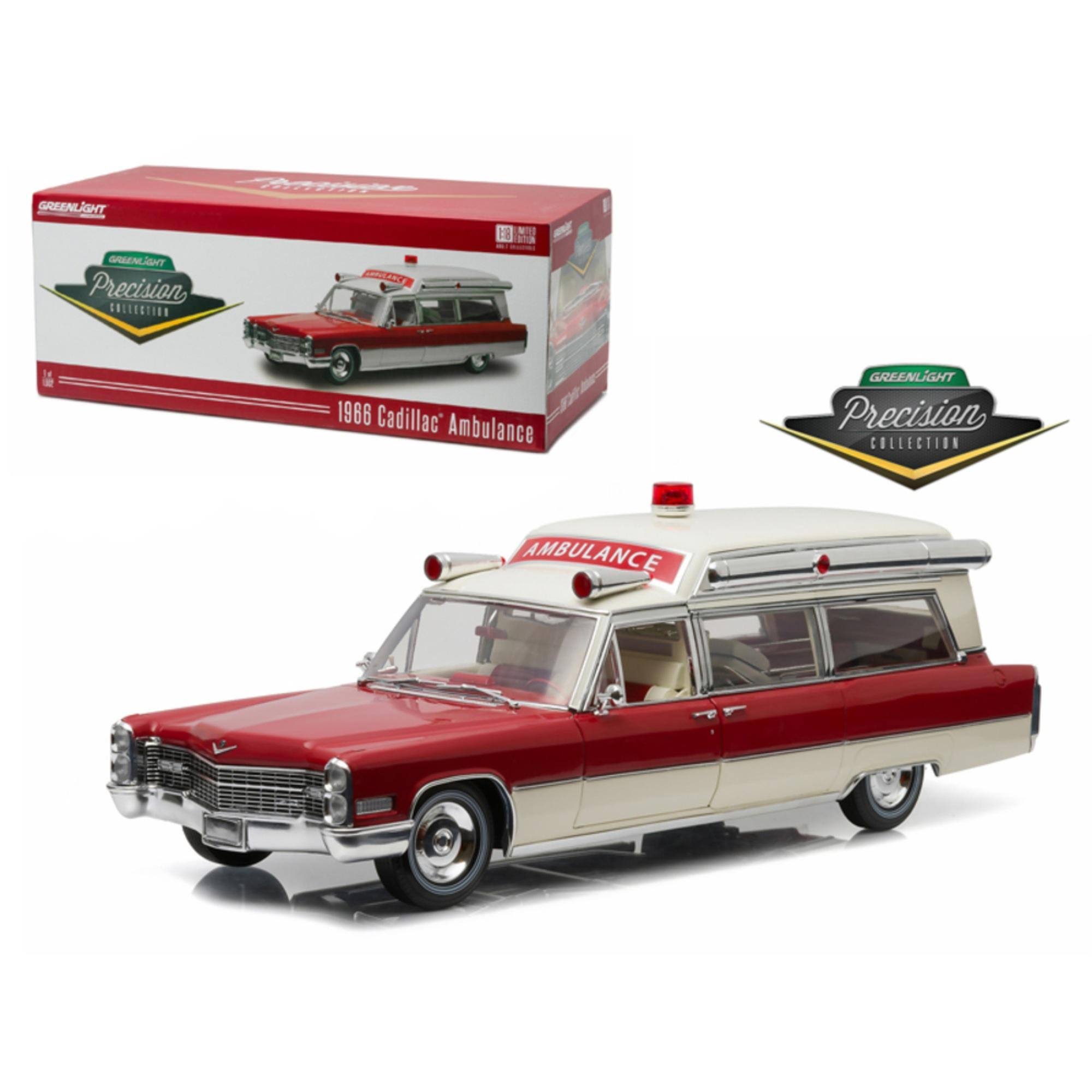 Greenlight 1966 Cadillac Su0026S 48 High Top Ambulance Red and White Precision Collection Limited Edition 1/18 Diecast Model Car