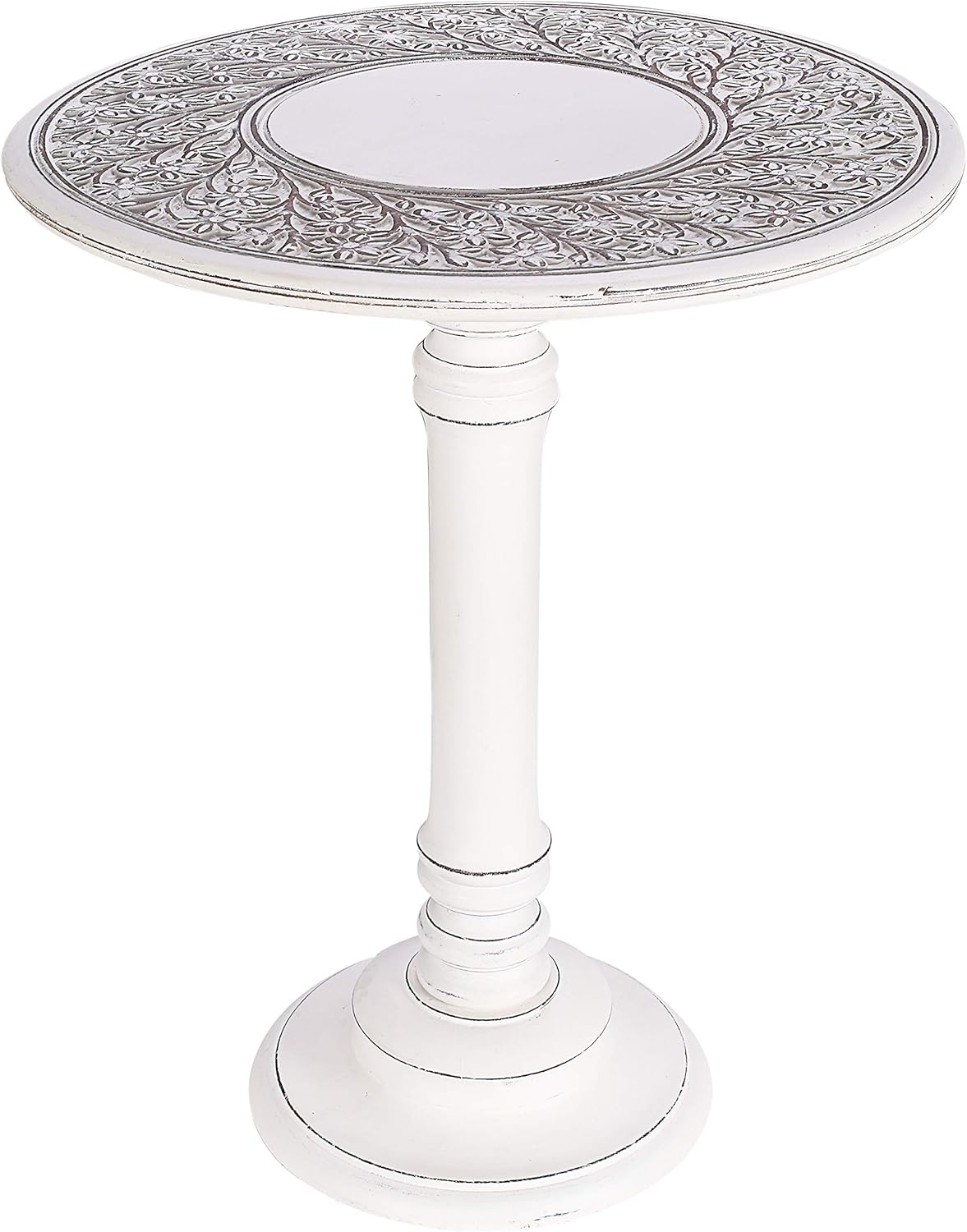 Solid Wood Hand Carved Accent Table, Side Table, entryway Table, Wooden end Table, Bedside Table, Octagonal Wooden Table - 15 Inch Round Top x 15 Inch High - White Antique