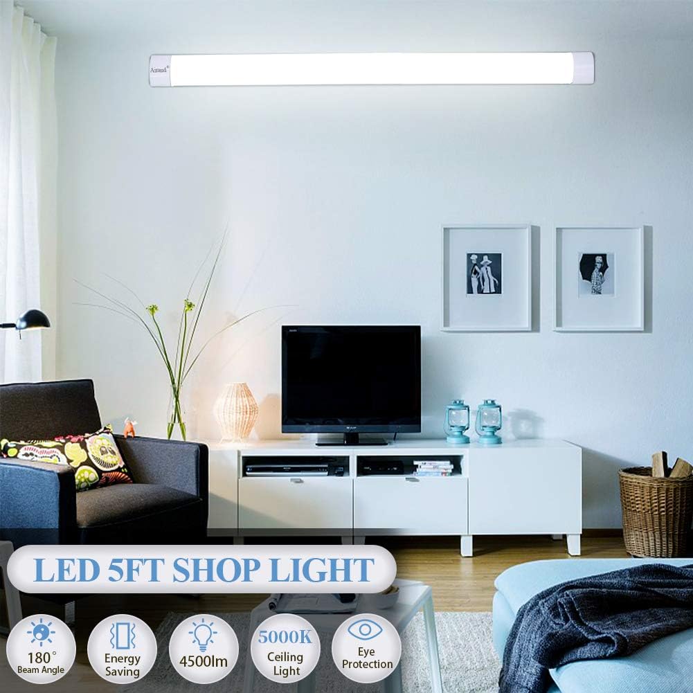 Linkable Led Garage Light 5FT Shop Lighting Fixture with Plug in Cord,Airand Waterproof LED Closet Lights 5000K Under Cabinet Lighting Tube Lights 45W for Kitchen Bathroom Workbench with ON/Off Switch Pack of 2