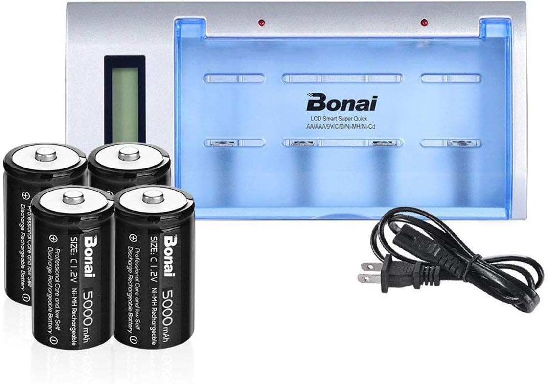 BONAI Rechargeable D Batteries with Charger LCD Smart Battery Charger for C D AA AAA 9V Ni-MH Ni-CD Rechargeable Batteries with 10000mAh Rechargeable D Cells (4 Counts) Pack of 2