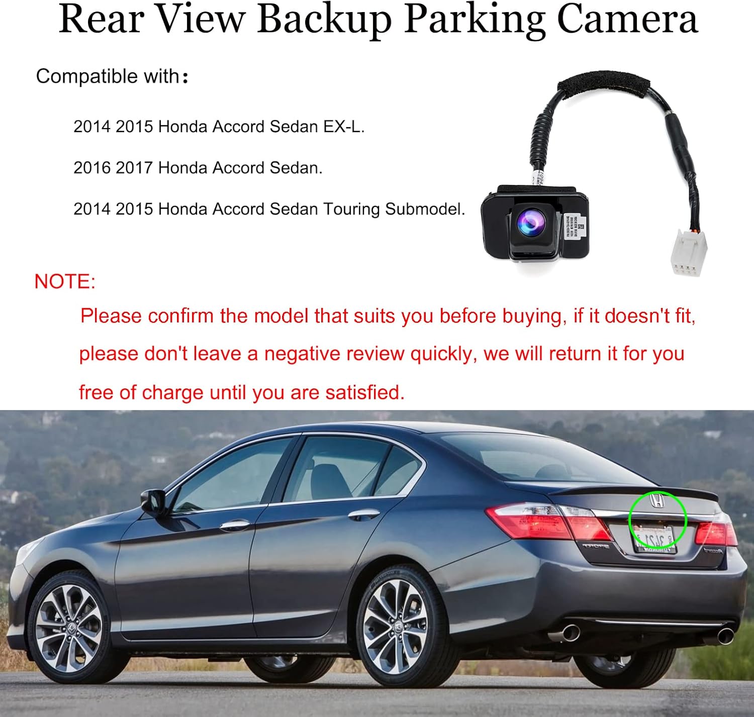 Rear View Back Up Camera 590-440 39530-T2A-A21 Compatible with 2014-2015 Honda Accord Sedan EX-L, Compatible with 2016-2017 Honda Accord Sedan, Rear View Backup Parking Camera 39530-T2A-A31