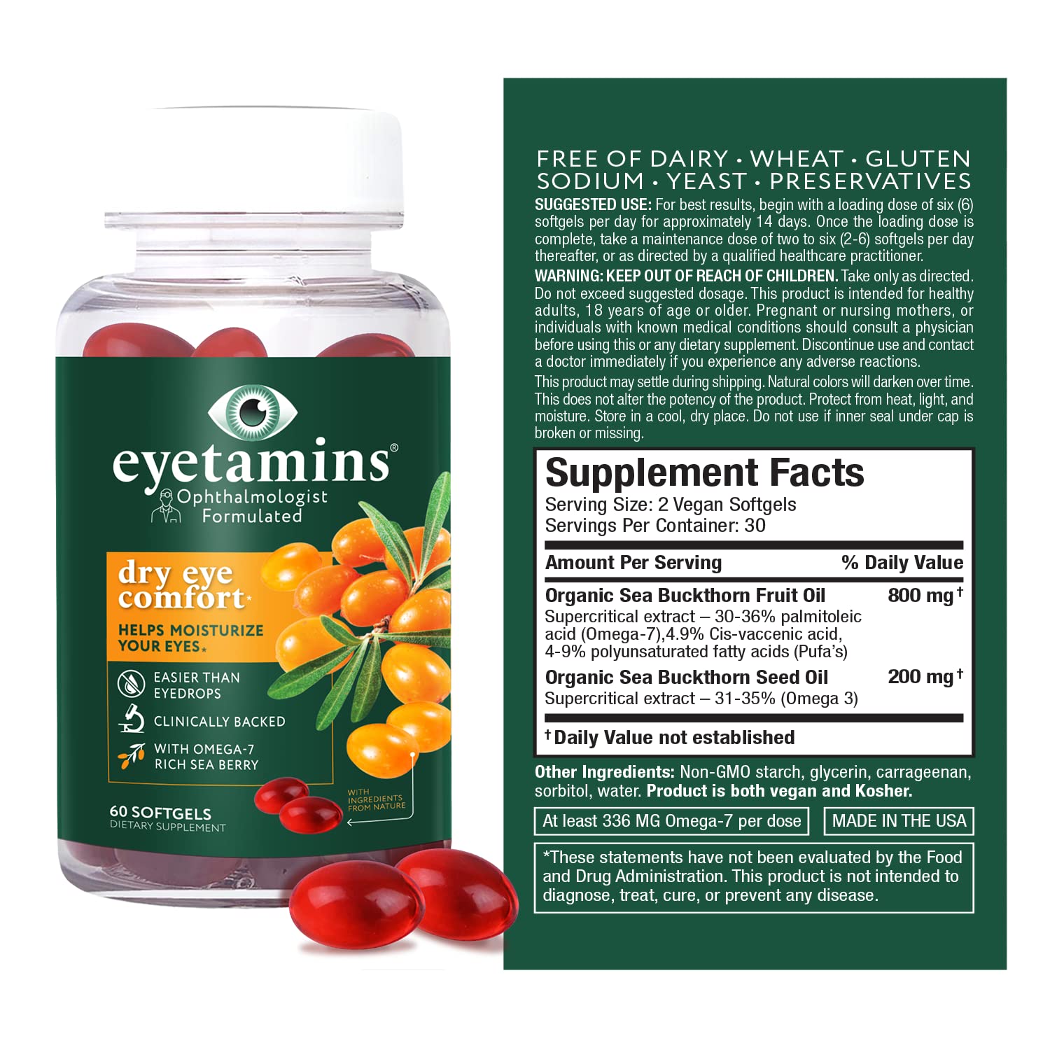 Eyetamins Dry Eye Comfort - 60 Softgels –Ophthalmologist- Formulated, Natural - Himalayan Sea Buckthorn Oil - Vegan and Non-GMO Formula Pack of 2