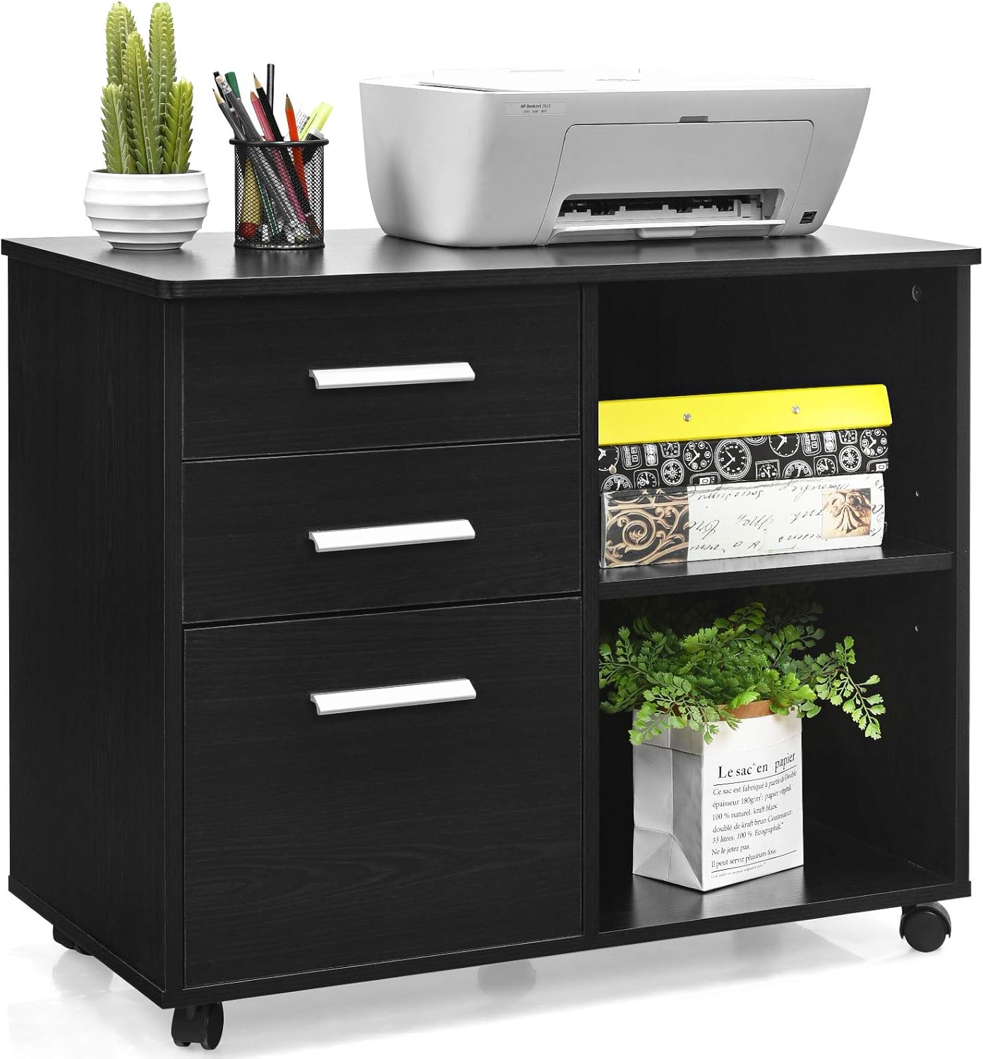 Giantex 3-Drawer File Cabinet, Mobile Lateral Filing Cabinet with Wheels, Large Printer Stand with 3 Drawers and Open Storage Shelves, Multifunctional Storage Cabinet for Home Office (Black)