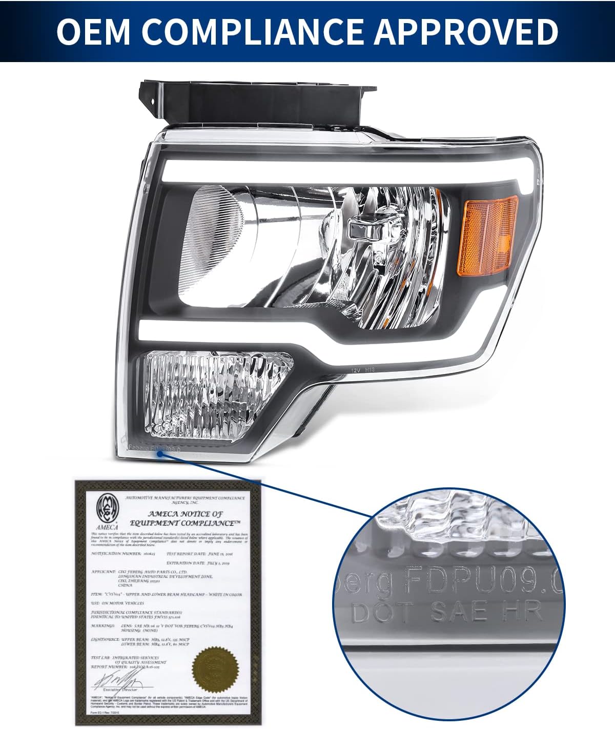 POLLY WALES Headlights Assembly Compatible with 2009-2014 Ford F150 Black Housing Clear Lens Amber Reflector (with Ultra Bright Led DRL)