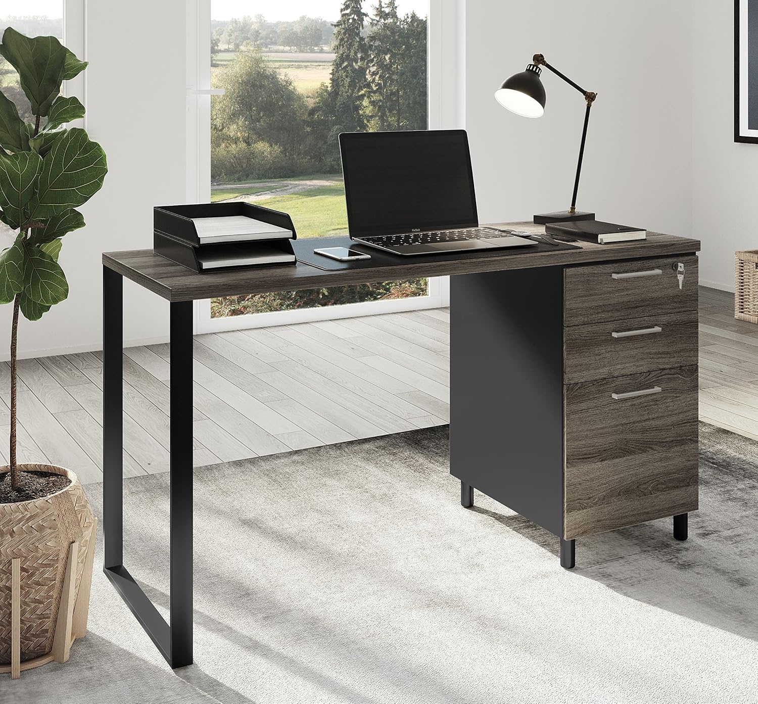 Milano 47 Inch Home & Office Computer Desk with 3 Detachable Locked Drawers - Cass Walnut/Black