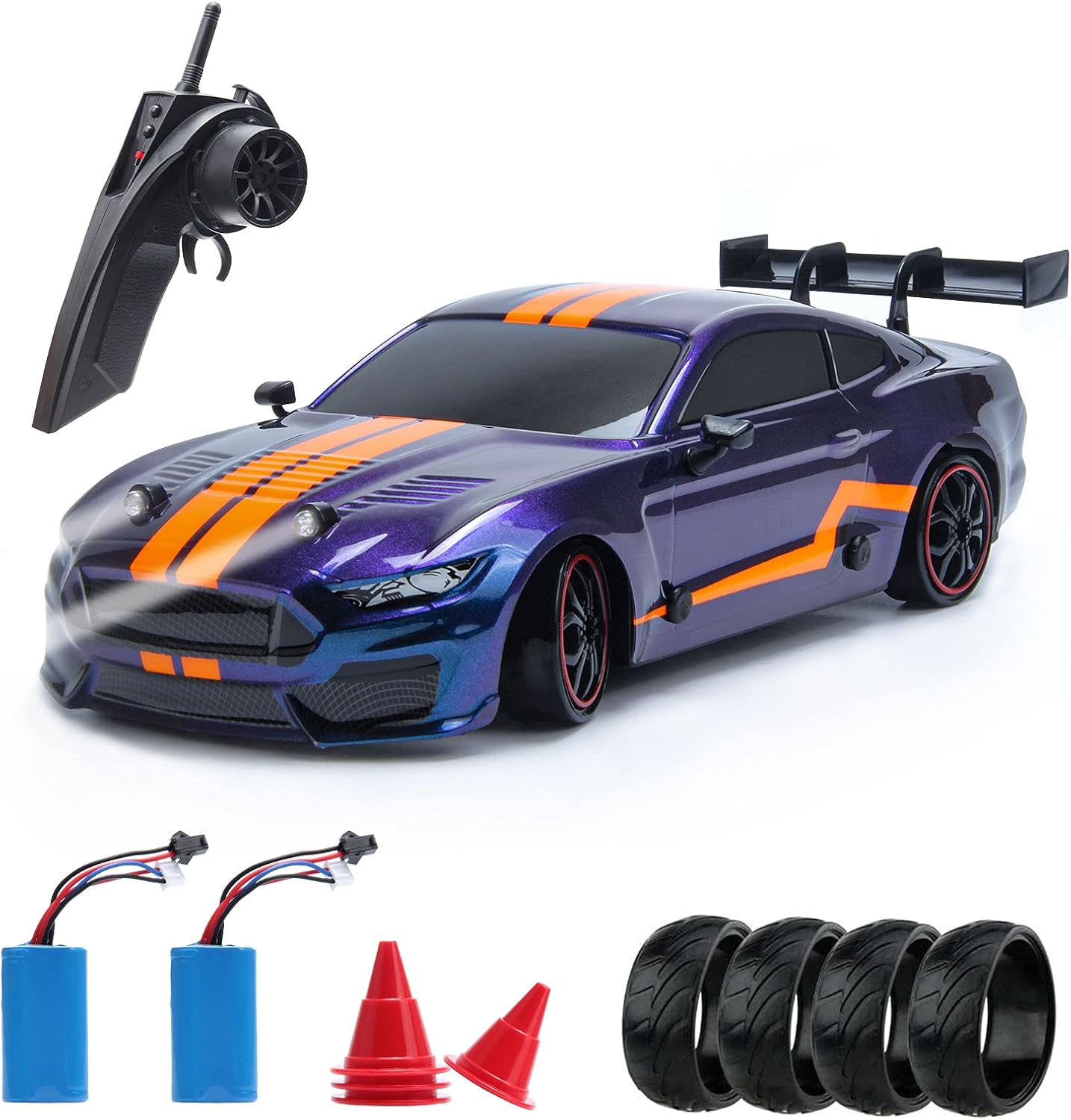 BESWIT Remote Control Car GT Drift Car RC Sport Racing Car Hight Speed Drift Vehicle1/14 RC Car for Adults Kids Gifts, 4WD RTR Vehicle with LED Lights, Two Batteries and Drift Tires + Racing Tires Pack of 2