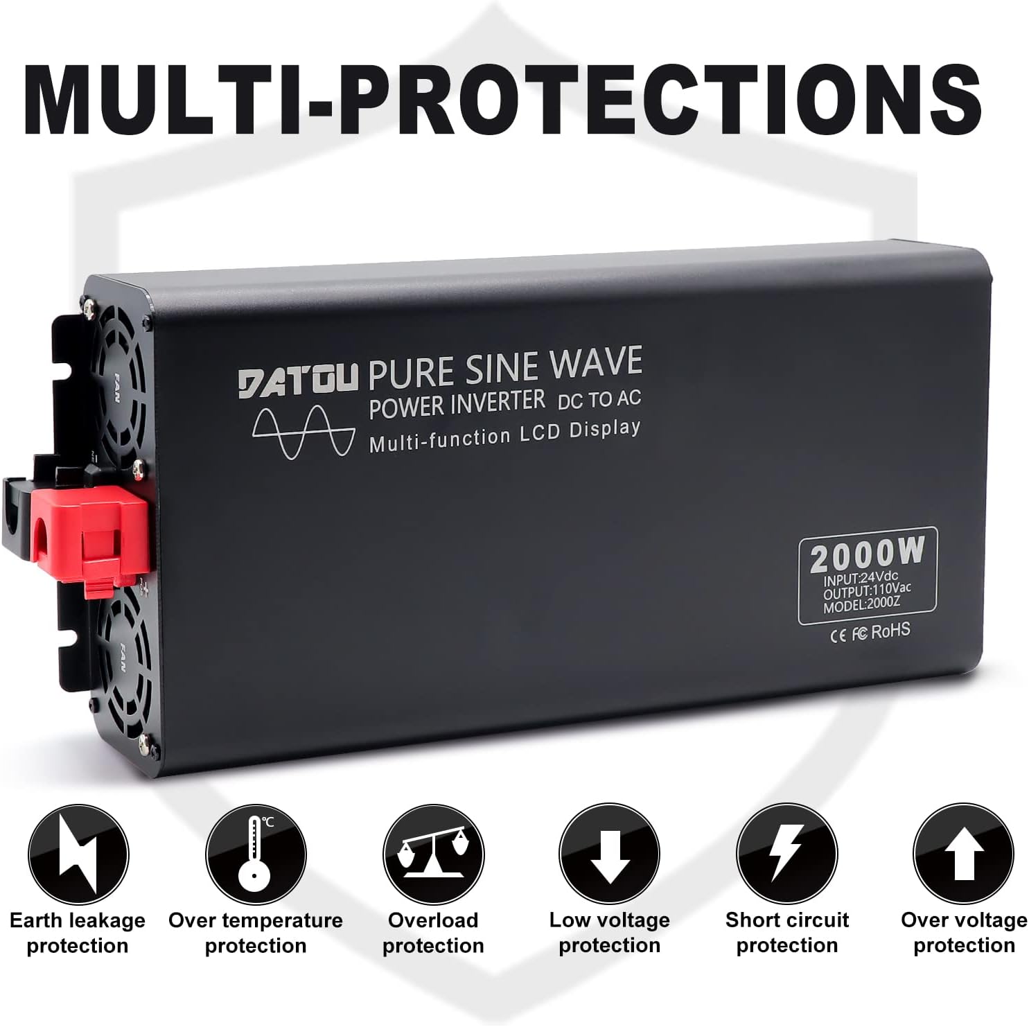 24V Pure Sine Wave Power Inverter 2000W Peak 4000W Inverter DC 24V to AC 110V 120V with 2 AC Outlets LCD Display for Home Solar System RV Voltage Converter Inverter