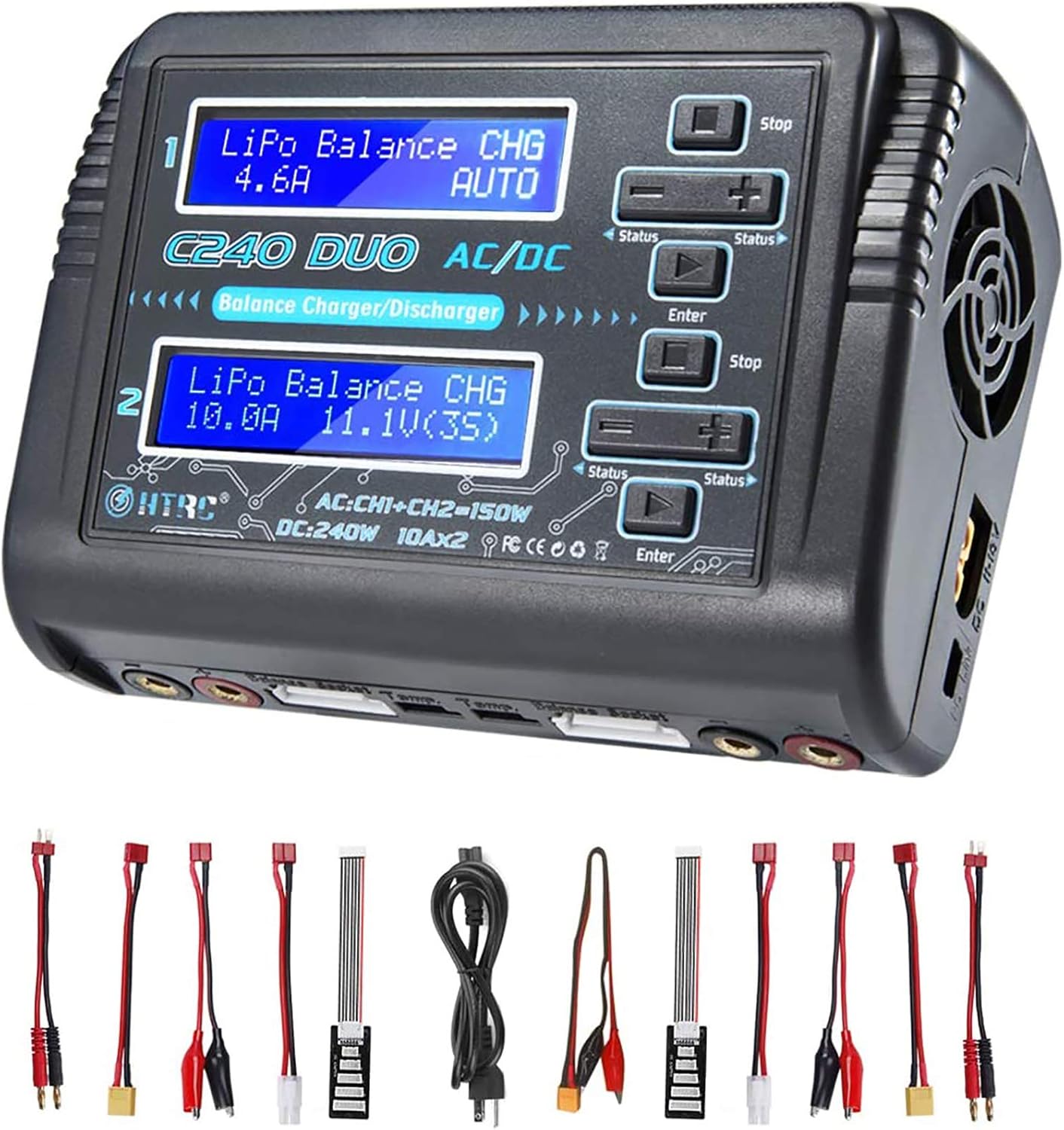 HTRC LiPo Charger Dual RC Charger 1-6S Balance Battery Discharger C240 AC150W DC240W 10A for Li-ion Life NiCd NiMH LiHV PB Smart Batteries