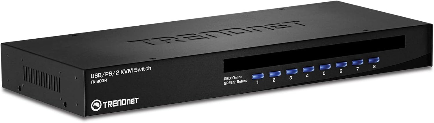 TRENDnet 8-Port USB/PS2 Rack Mount KVM Switch, TK-803R, VGA & USB Connection, Supports USB & PS/2 Connections, Device Monitoring, Auto Scan, Audible Feedback, Control up to 8 Computers/Servers