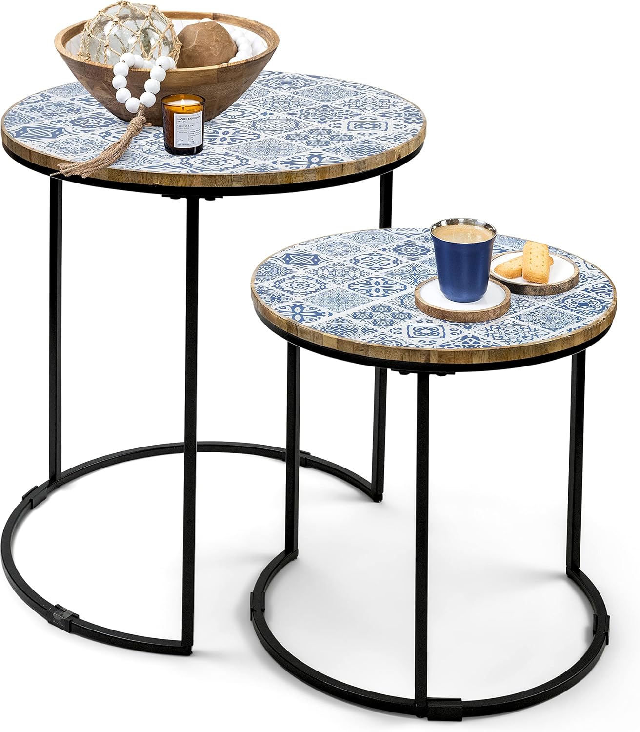 Willow and Moore Side-Nesting Table-Set of 2 for Living Room. Small End Table Set for Space Saving with Sturdy Metal Frame and a Wooden Top. Moroccan Style, Blue and White Small Side Tables Set