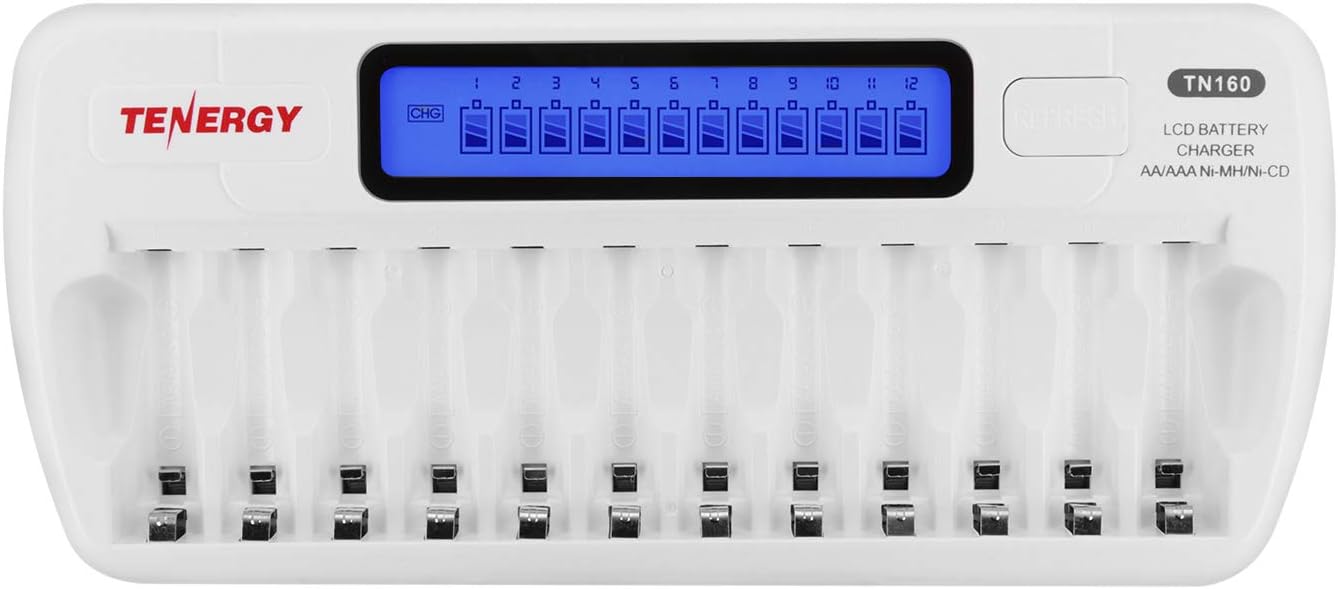 Tenergy TN160 LCD Battery Charger 12-Bay Smart Battery Charger for AA/AAA NiMH/NiCd Rechargeable Batteries Charger with Refresh Function Household Battery Charger w/AC Wall Adapter